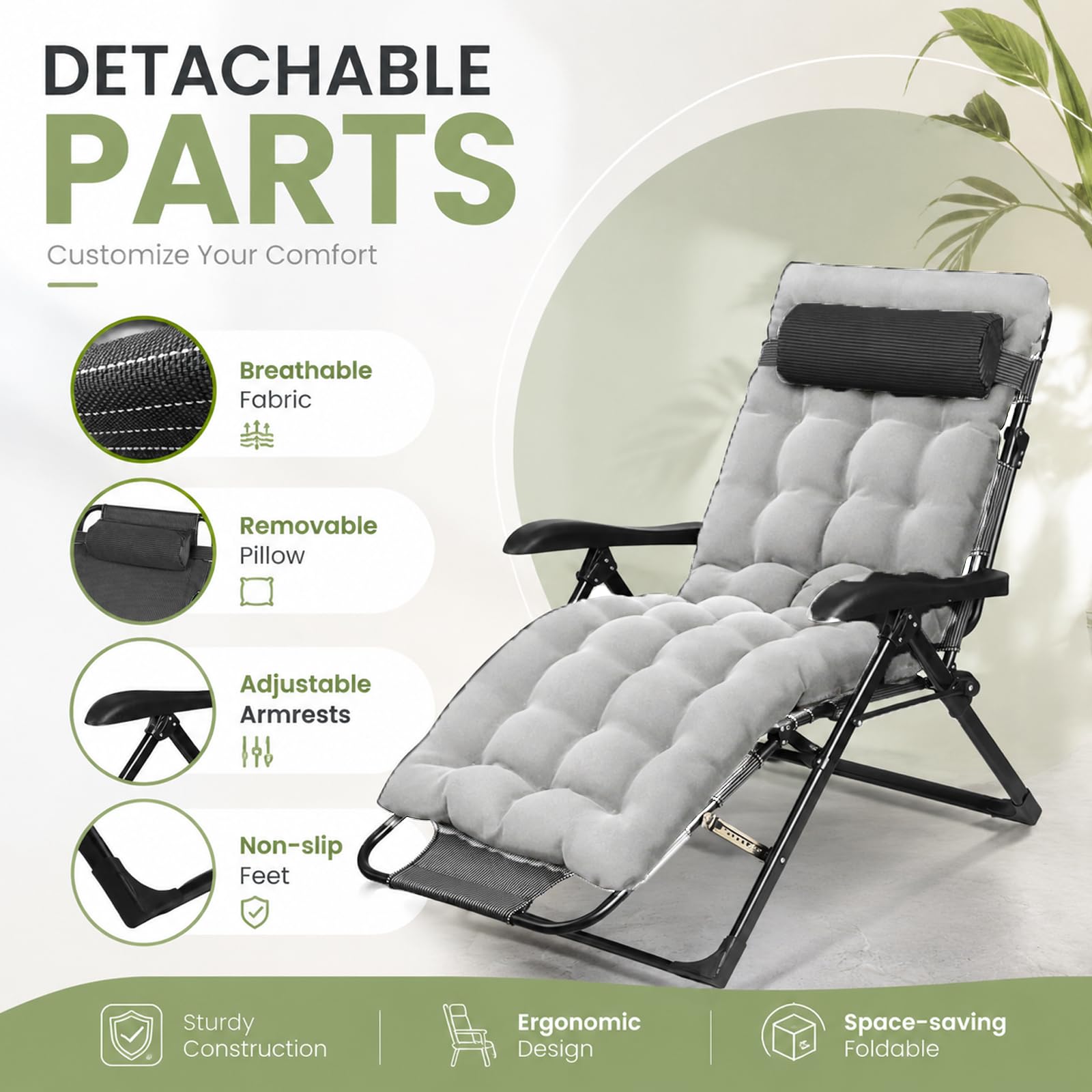 Klappbare Sonnenliege mit Polster, Ergonomischer Liegestuhl für Garten und Terrasse, 7-Fach Verstellbare Rückenlehne, Outdoor Relaxliege bis 150 kg, Gartenstuhl für Balkon und Terrasse (Grau - a)