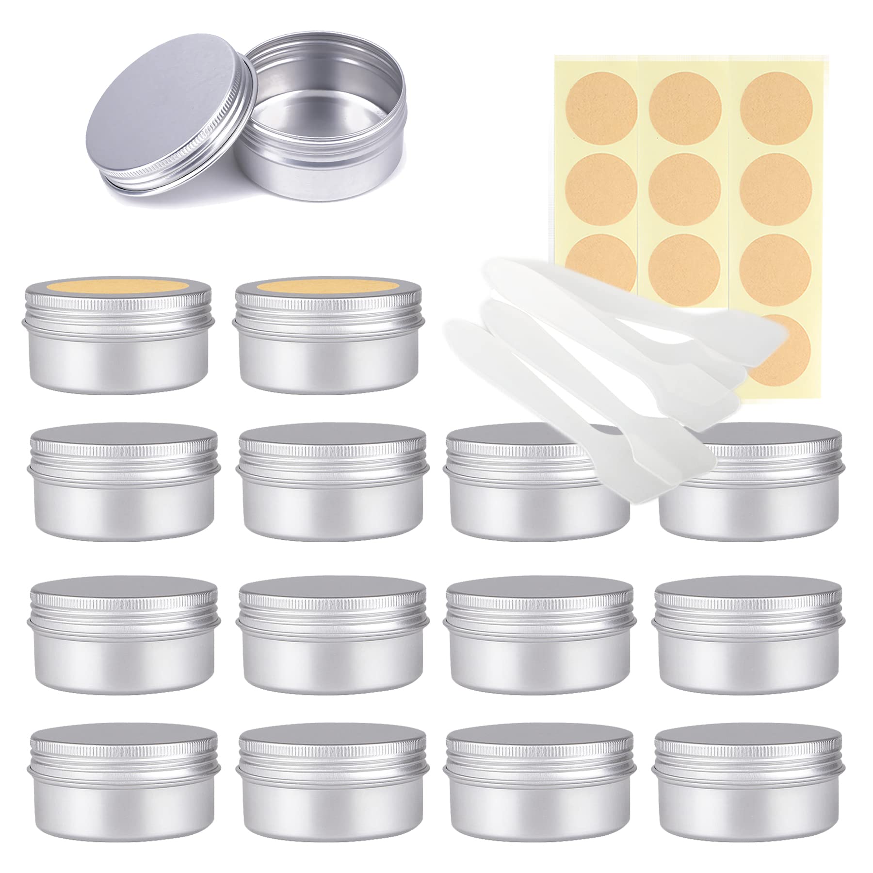 LusDoly Pack of 20 Empty 80ml Silver Aluminium Tins with Lids - Ø68x36mm Aluminum Screw Pots Travel Round Cosmetic Cream Jars Container for Candle Lip Balm, Salve, with Labels & Spatulas