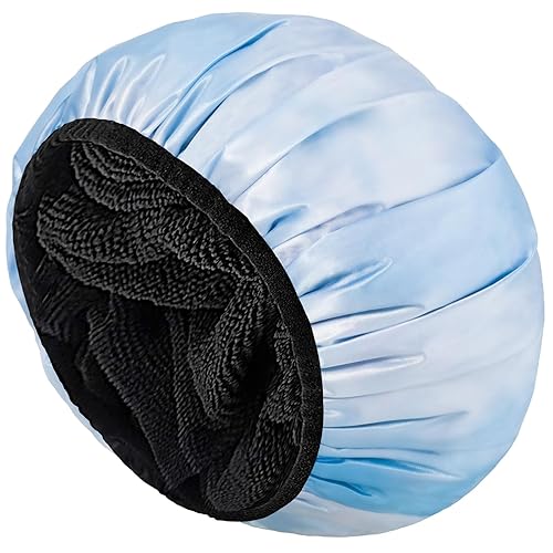 Miniatura 10 de Aquior Gorro de ducha con forro de rizo para mujer, reutilizable, triple capa impermeable, extra grande para mujeres de pelo largo (negro)