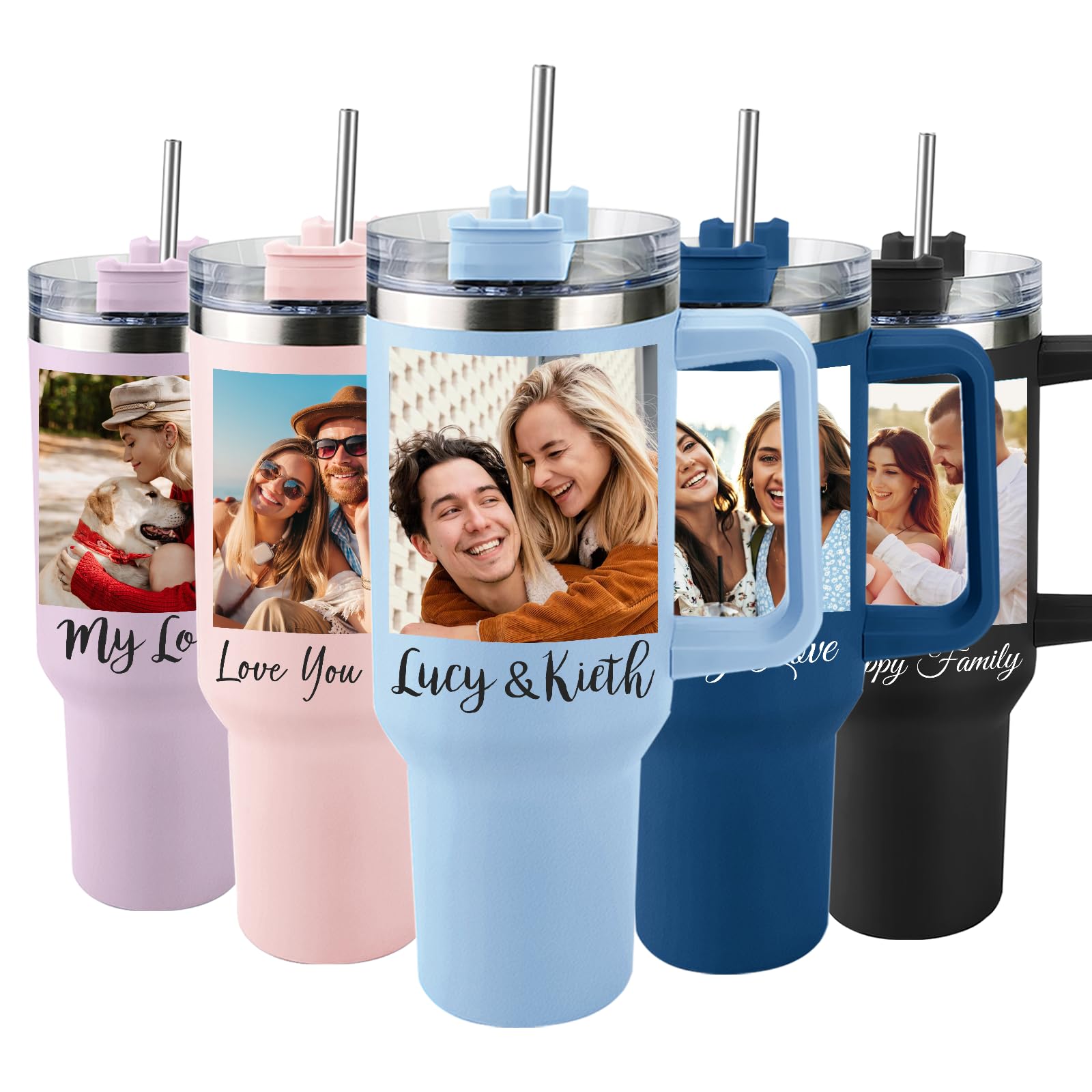 Ships Next Day, Custom 40oz Tumbler with Picture&Name, Personalized Tumbler with Handle and Straw, Wedding Anniversary Tumbler Gift for couple, Girlfriend Boyfriend Gifts for Christmas