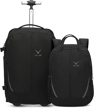 Hynes Eagle 2 in 1 Travel Backpack Set Rolling Backpack with Wheels Carry on Luggage 43L with Personal Item Bag for Men Women 17 inches Laptop Backpack Jet Black
