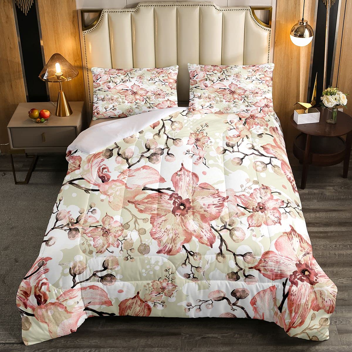 Loussiesd Rose Pink Lily Flower Girly Soft Duvet Flowers Branches Romantic Duvet Insert Kids Rustic Floral Watercolor Pink Room 3Pcs Double Size