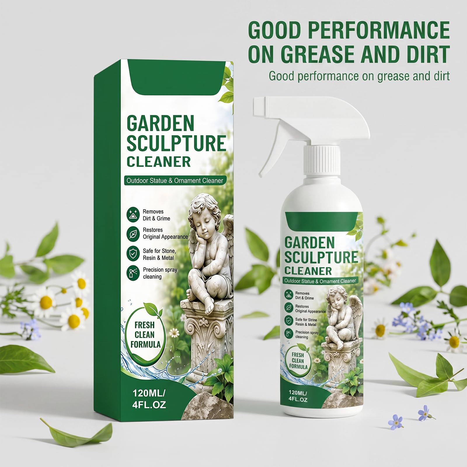 Potente spray detergente per sculture da giardino, detergente quotidiano per la cura delle pietre multi-superficie, soluzione per statue all'aperto, decorazioni da cortile e accessori da giardino