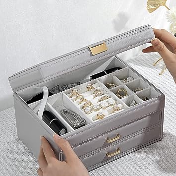 Three-Tier Jewelry Storage Box Window with Drawer Jewelry Box Transparent Glass PU Leather Jewelry Box Hand Jewelry Ring Storage Box Jewelry Small Organizer Desktop Desk Neat