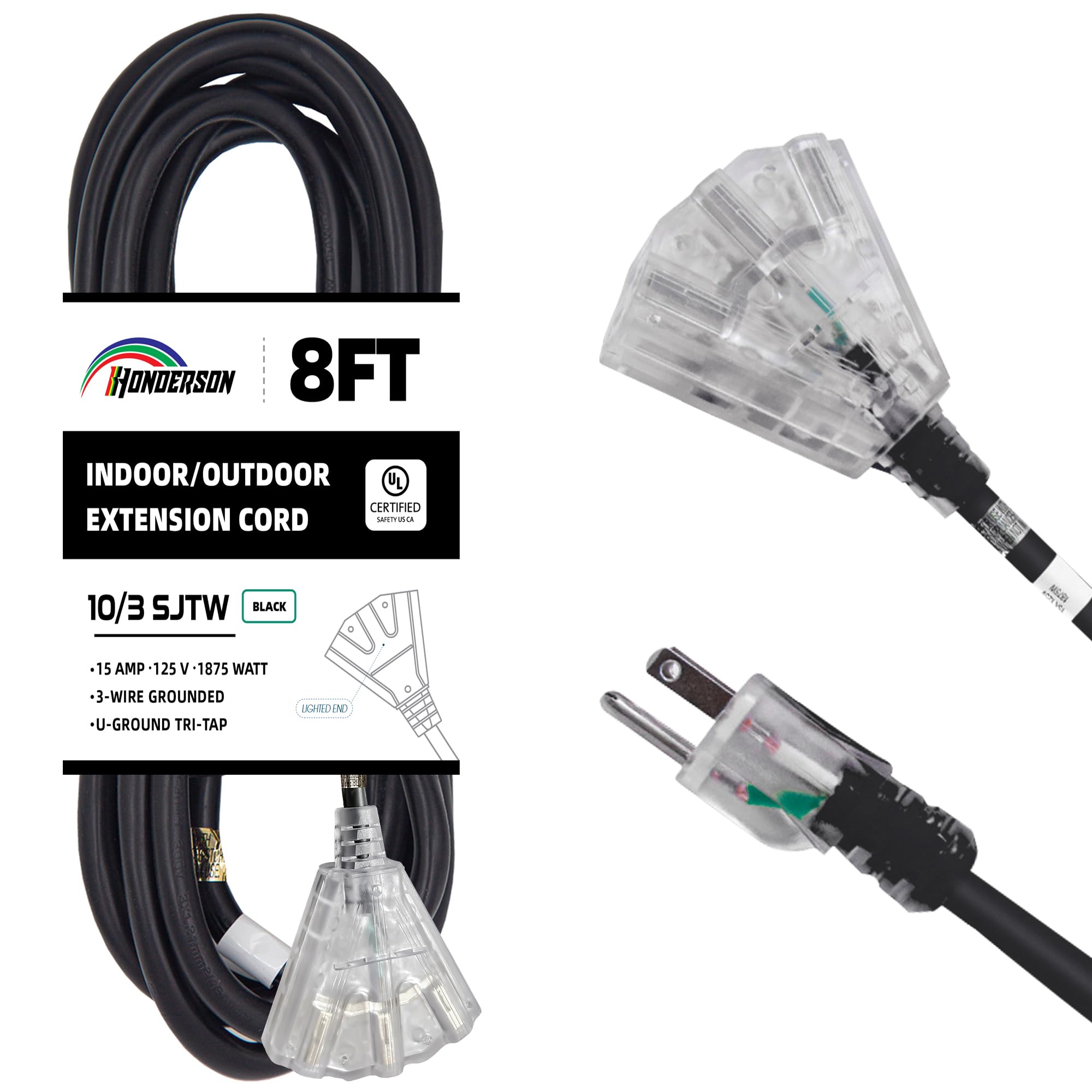 Cable de extensión iluminado para exteriores de 8 pies con 3 tomas de corriente, cable de extensión negro resistente 10/3 SJTW con enchufe a tierra de 3 clavijas para mayor seguridad