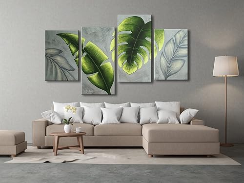 Miniatura 3 de Wieco Art Pinturas botánicas grandes de pared sobre lienzo, arte abstracto de hojas verdes, arte de pared para sala de estar, dormitorio, decoración