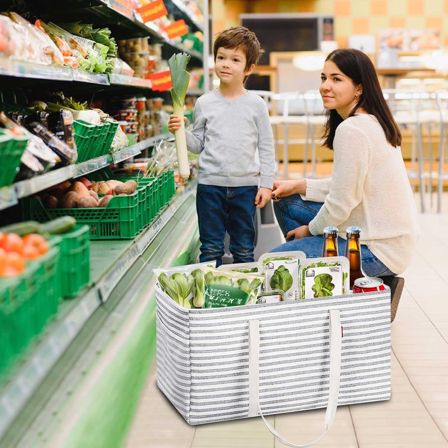 LHZK Standing Extra Large Utility Tote Bag with Metal Wire Frame and the Sides Rinforced, Extra Large Tote Bag with Handle, Reusable Grocery Bags Foldable, Beach Bag, Car Tote (Gray) - Image 2
