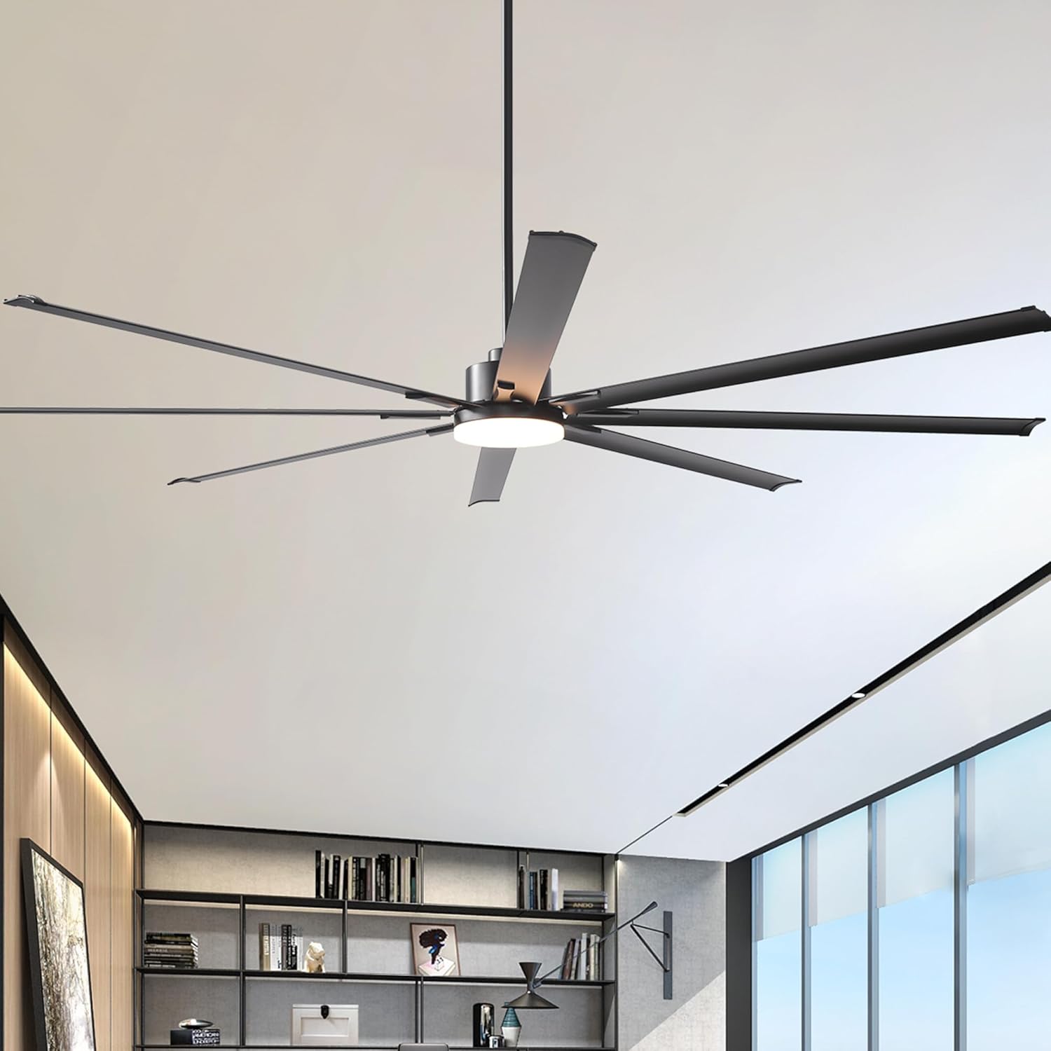 100 Inch Ceiling Fan with Light, Large Modern HVLS Ceiling Fan for High Ceilings, 8 Aluminum Blades, DC Reversible Motor, 6 Speed Remote Control, Dimmable, Matte Black Commercial Fan