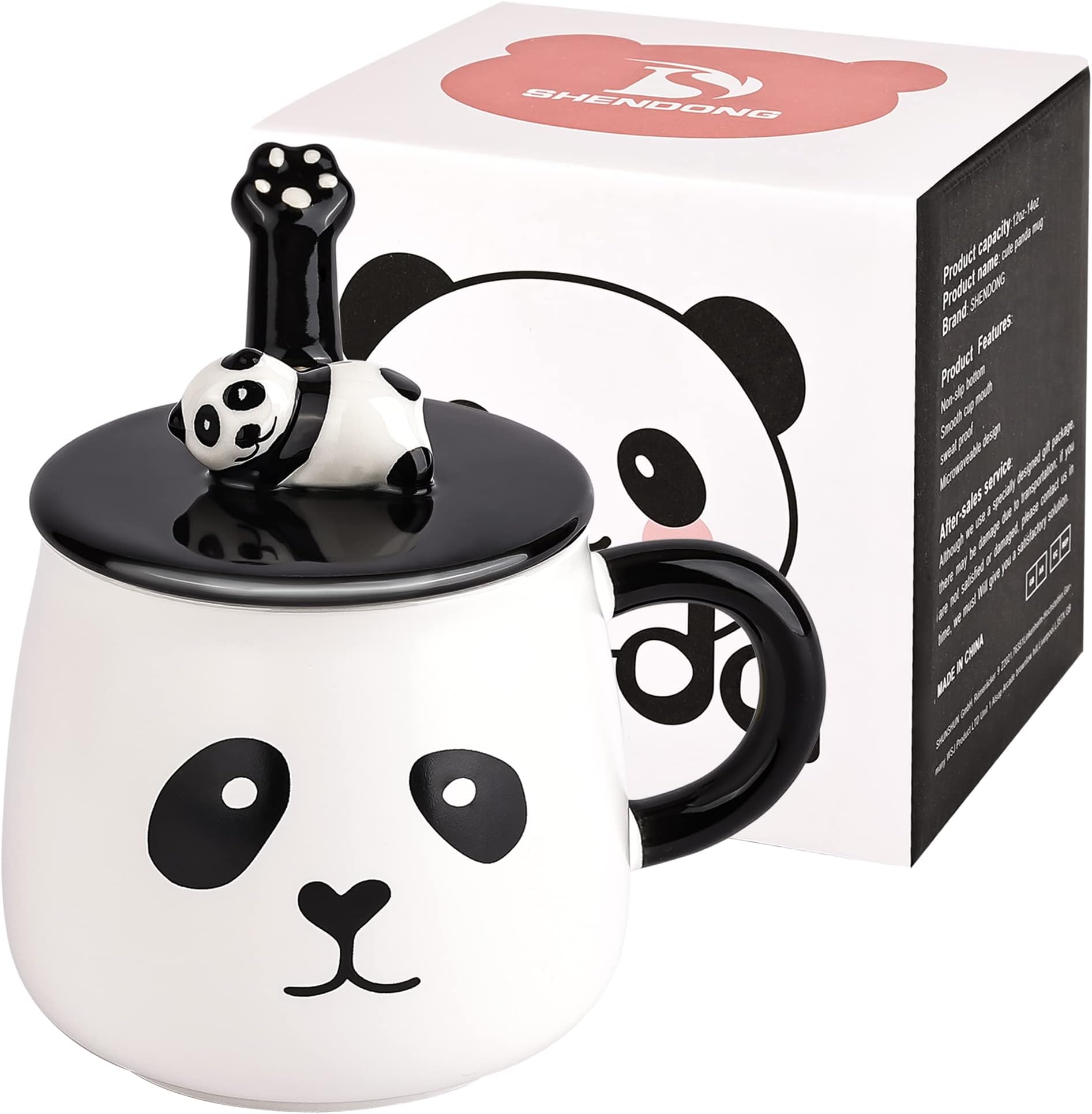 SHENDONG Cute 3D Panda Ceramic Coffee Mug with Kawaii Lid and Stainless Steel Spoon - Novelty Gift for Panda Lovers