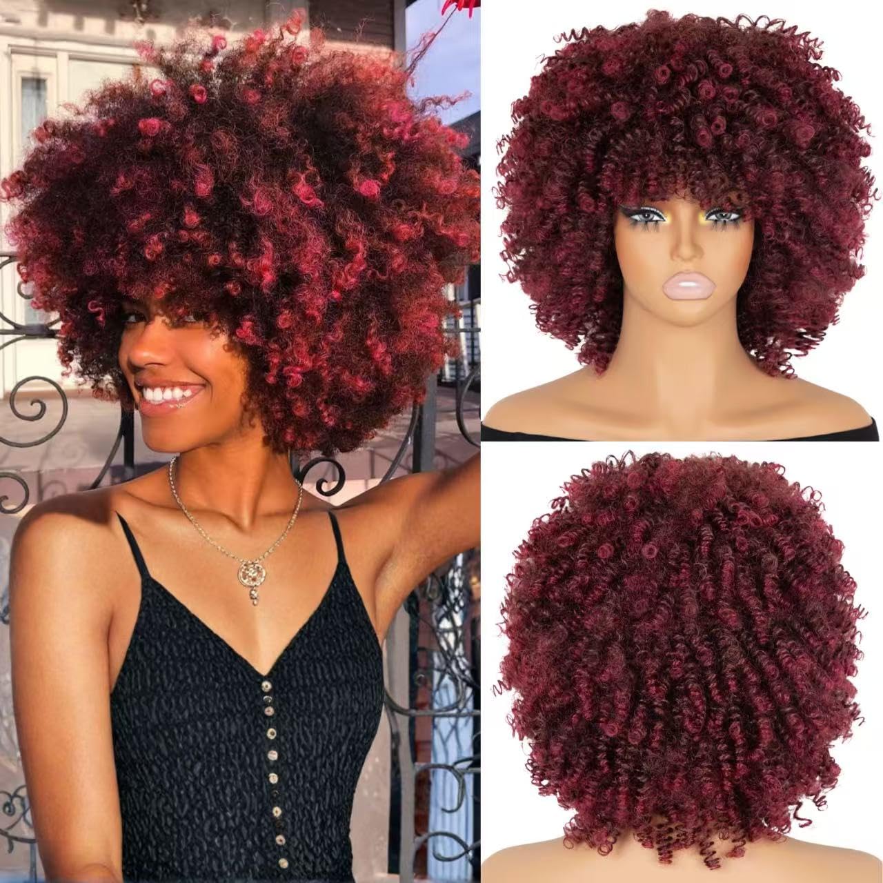 Afro Curly Wig with Bangs 12 Inches Synthetic Afro Wig for Black Women Natural Glueless Heat Resistant Short Kinky Curly Wigs for Daily Party（12inch TBUG#）