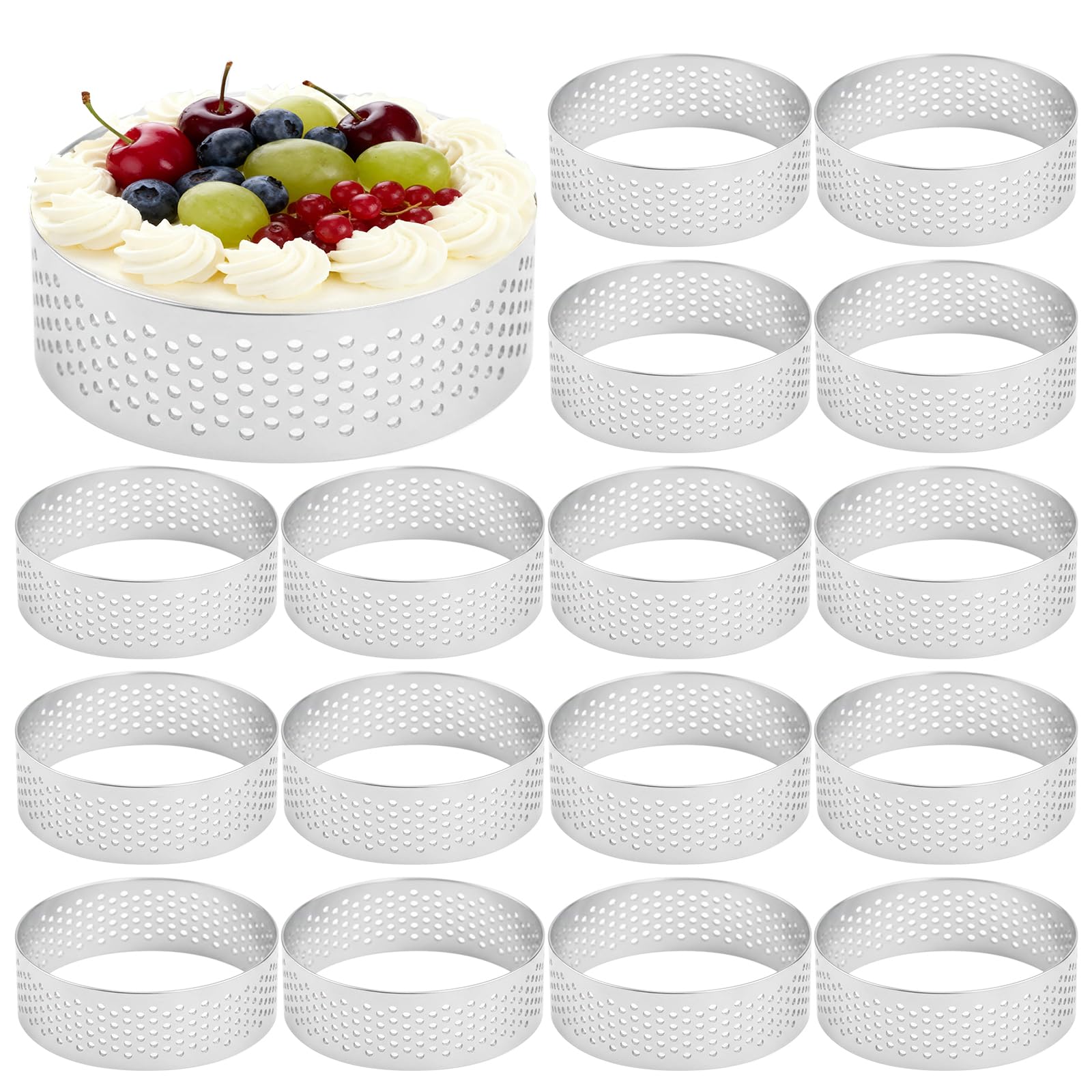 Lot de 14 anneaux perforés pour tarte, moules ronds en acier inoxydable de 5 cm, épaisseur 0,8 mm, avec trous de ventilation, pour mousse, gâteaux, tartes et desserts