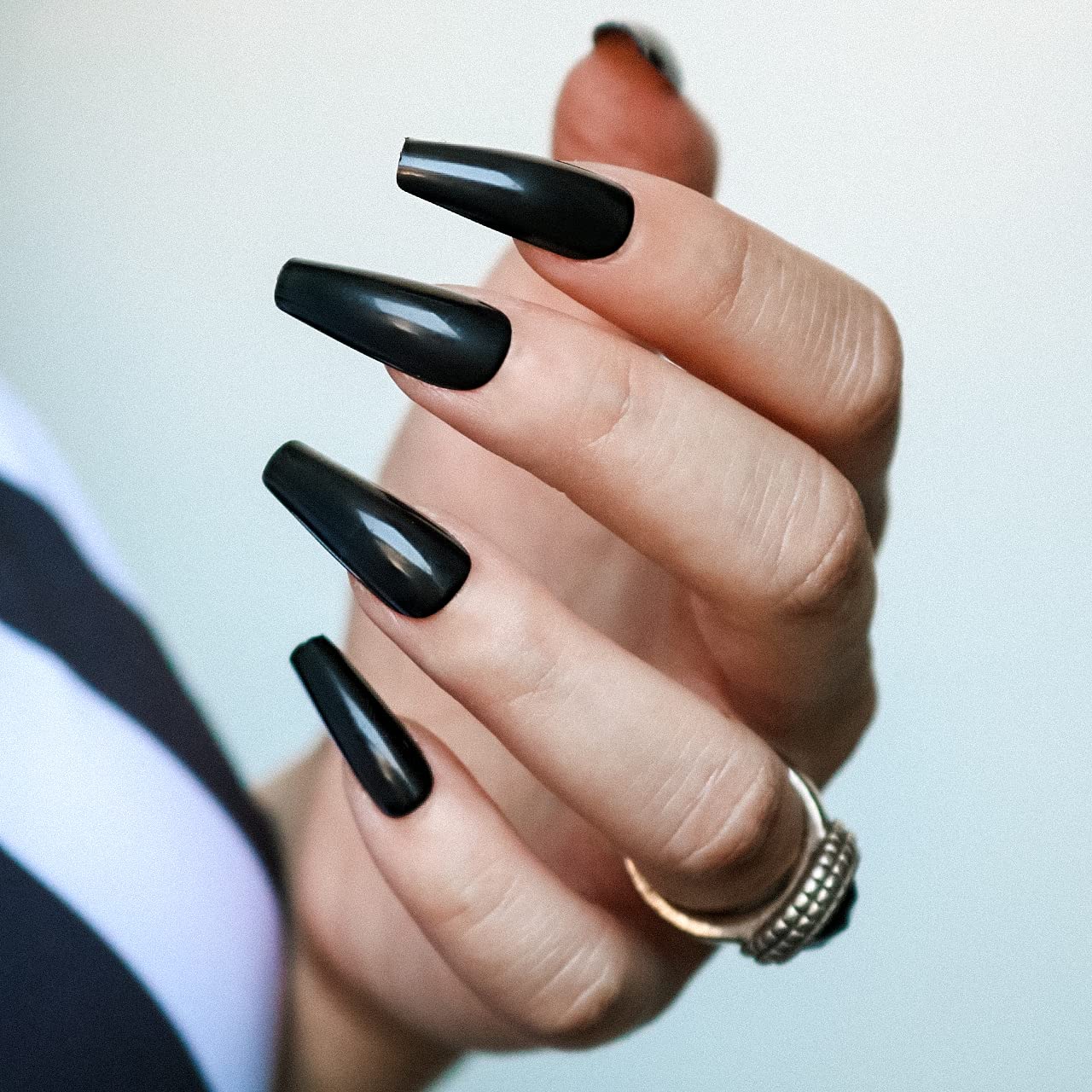 Black Tapered Midi Long Coffin Press on Nails