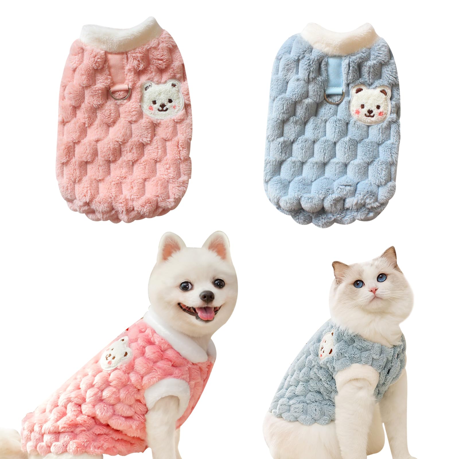 FOSDICK 2 Pieces Small Dog Jumper, Winter Fleece Sweater, Warm & Comfortable Cat Jumper for Small Pet Winter Warmth (Pink, Blue)