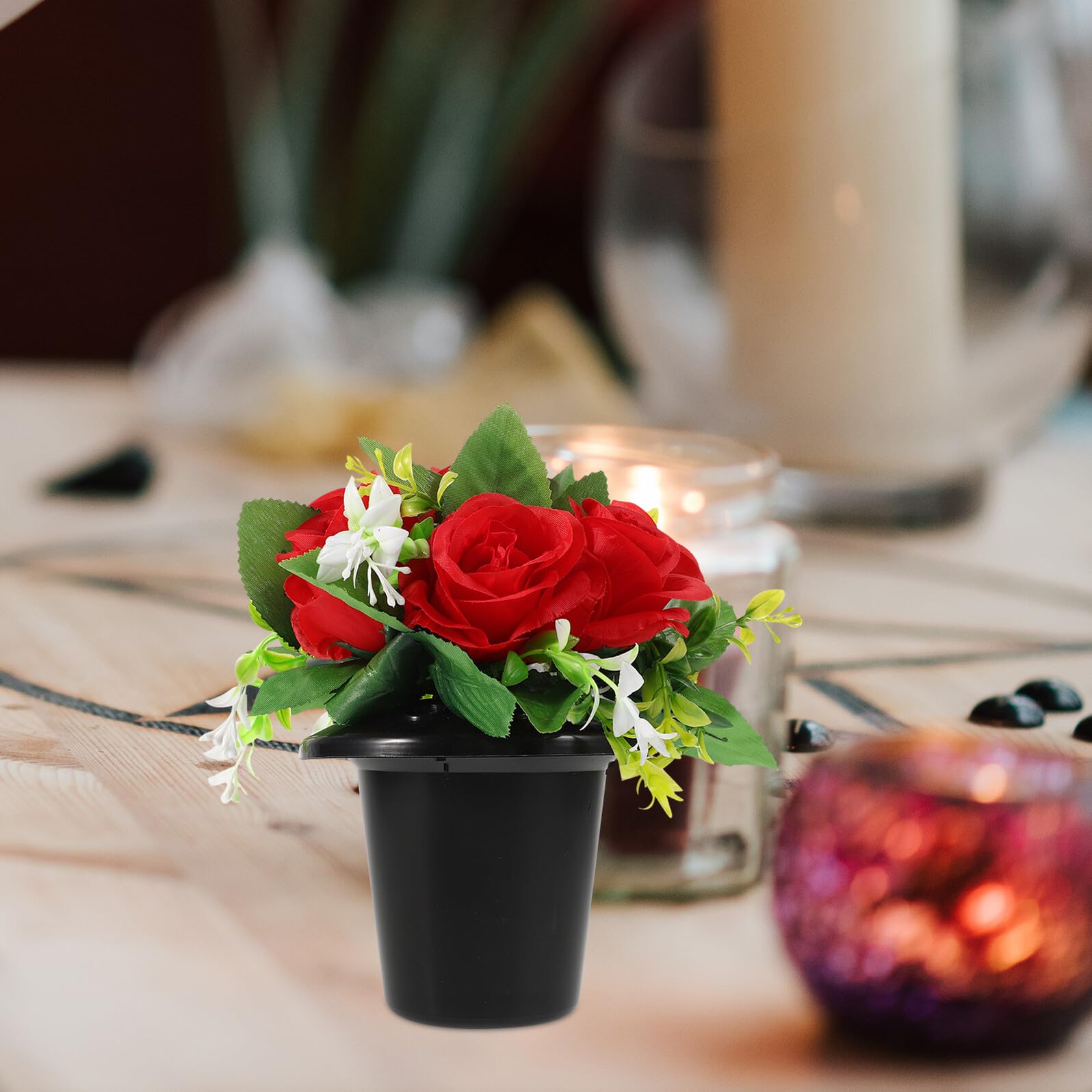 Veemoon Ramo de Flores Artificiales para Cementerio Cubo Pequeño Resistente al Agua Flores de Seda y Plástico Rojas para Decoración Conmemorativa de Lápidas Arreglo Floral para Tumbas y