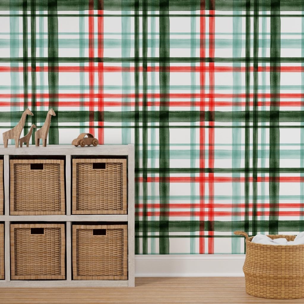 Spoonflower Peel & Stick Wallpaper 3ft x 2ft - Christmas Watercolor Plaid Mint Green Red Traditional Winter Season Custom Removable Wallpaper