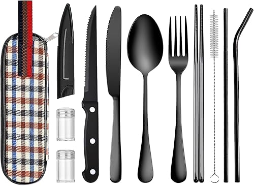 Miniatura 7 de Juego de utensilios reutilizables con estuche, cubiertos de viaje reutilizables, juego de cubiertos de viaje con funda, cubiertos de viaje