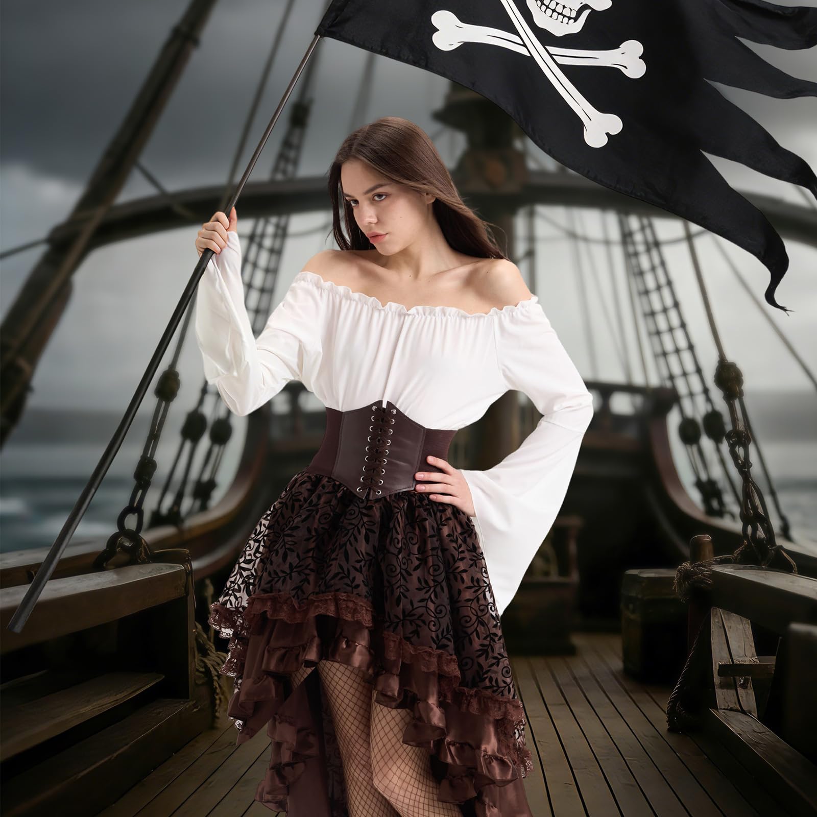 Charmofun Średniowieczny kostium piracki, średniowieczny strój damski z bluzką z odkrytymi ramionami, gorset pirata, renesansowa wiktoriańska sukienka na karnawał, Halloween, Cosplay