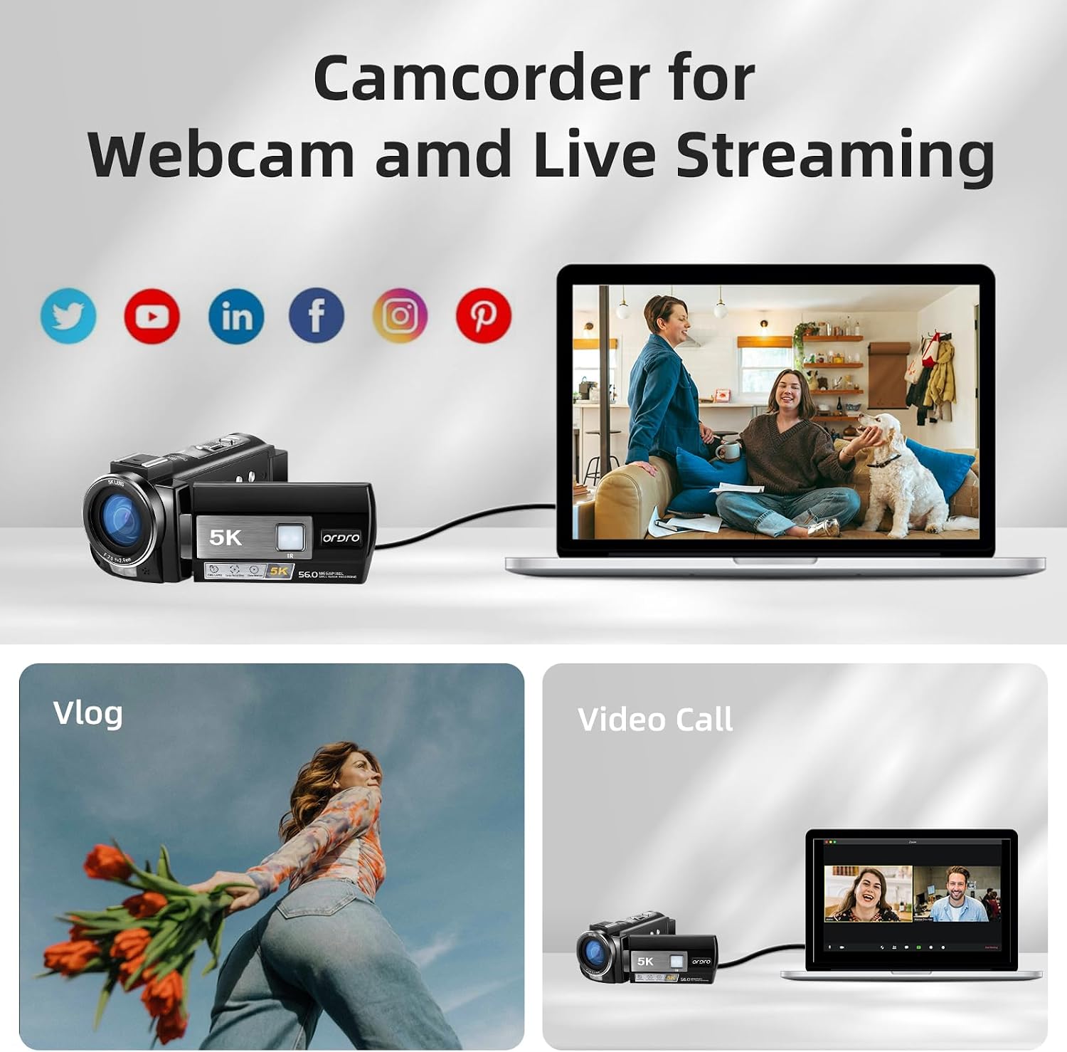 ORDRO 5K Video Camera Camcorder WiFi Night Vision Vlogging Camera for YouTube, 4K Camera 56MP 18X Digital Zoom Video Camera with 32G Card & 2 Batteries