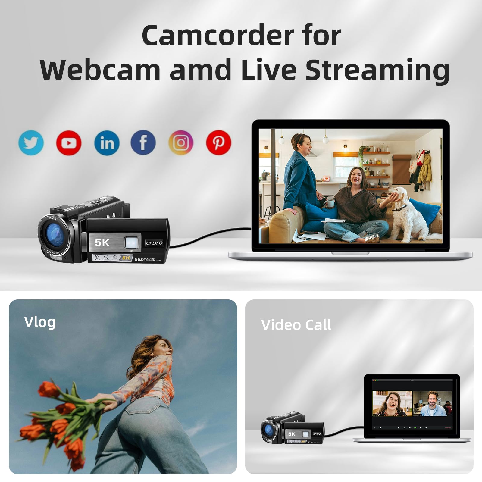 ORDRO AE20 5K Videocamera Visione Notturna per YouTube e Viaggi - Digitale con Grandangolo 95°, Modalità WDR, Stabilizzatore EIS