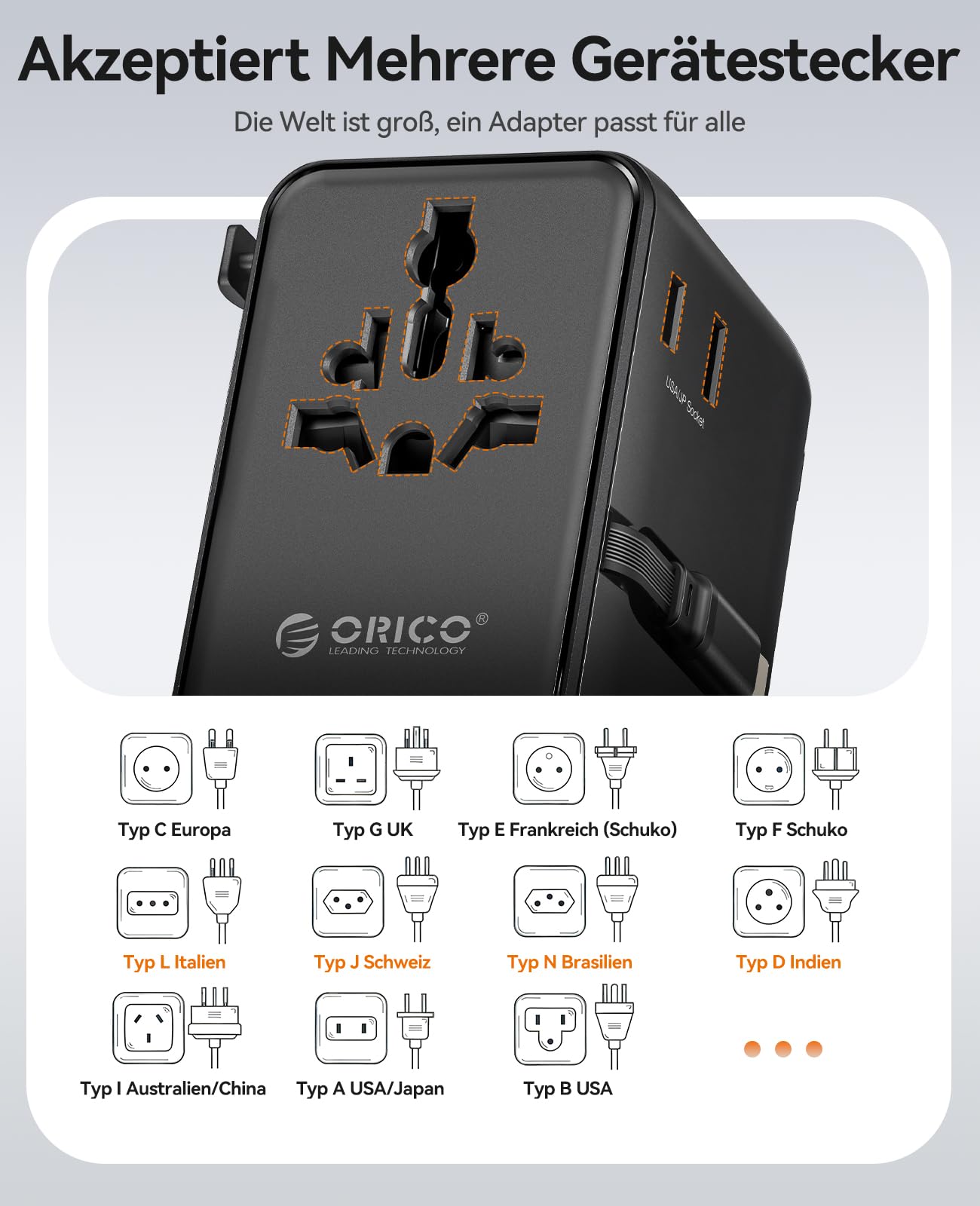 ORICO 100W GaN Reiseadapter mit Ausziehbarem Kabel, 7-in-1 Reisestecker, 3USB-C 2USB-A 2AC, 2 Sicherungen, Internationaler Adapter für Europa, UK, USA, Asien - UAX(Schwarz)