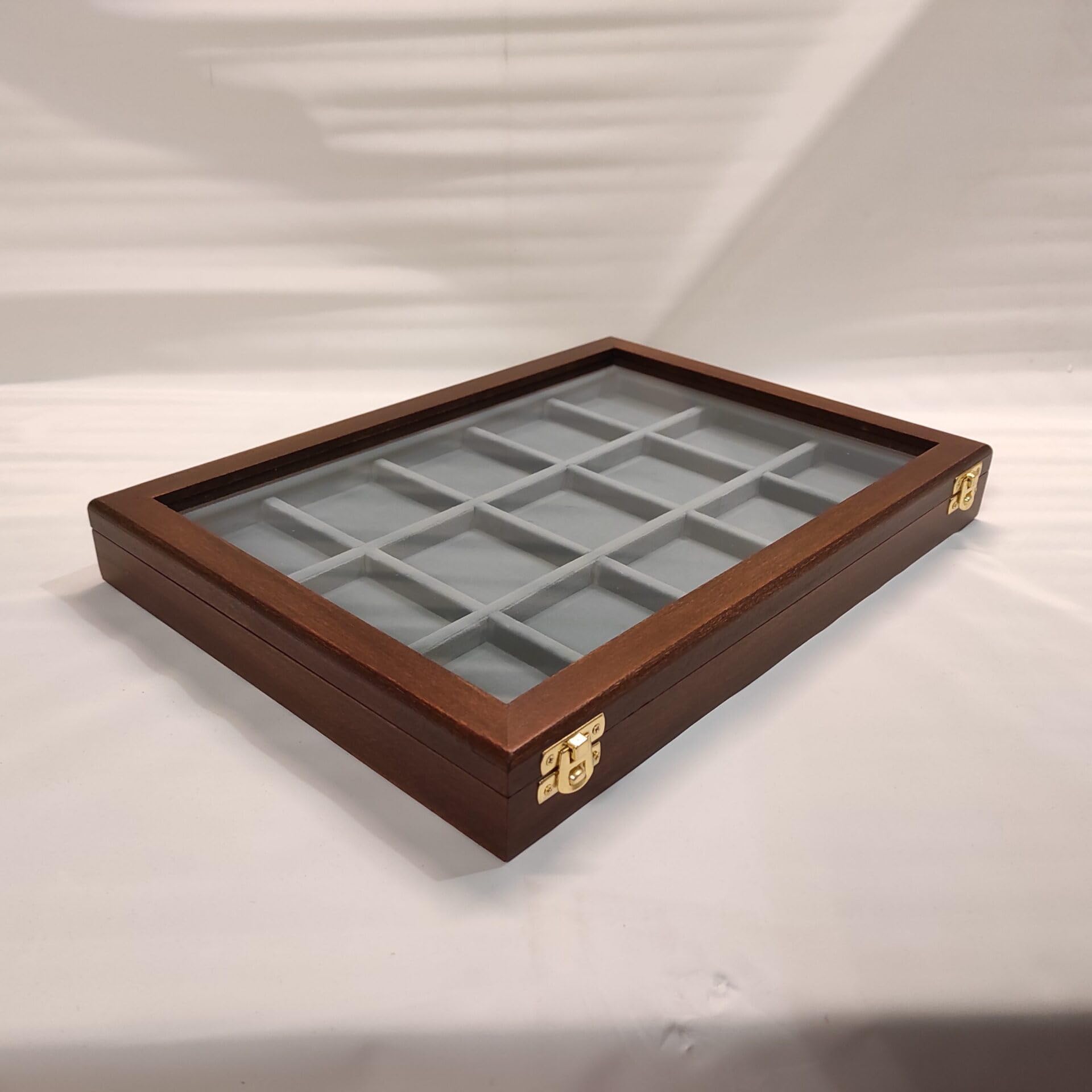 Coins&More Cofanetto per orologi da tasca 15 scomparti in legno e velluto, teca con vetro, contenitore artigianale numismatica collezione