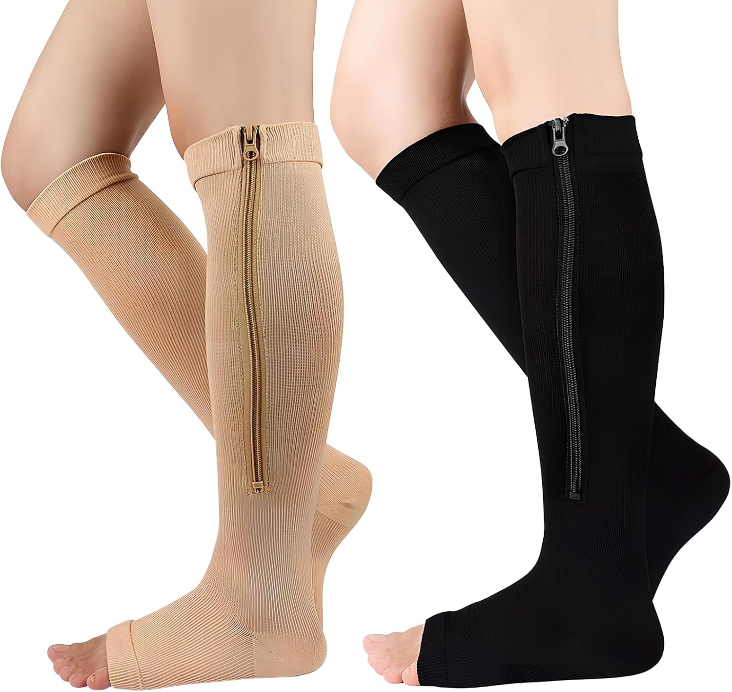 GEBIN 2 Paia Calzini A Compressione, Calze A Compressione per Donna Uomo con Cerniera 15-20 mmHg Supporto Gamba con Cerniera Ginocchio Aperto Unisex