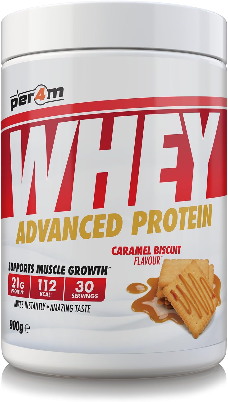 Per4m Protein Whey Powder | 30 Servings of High Protein Shake with Amino Acids | for Optimal Nutrition When Training | Low Sugar Gym Supplements (Caramel Biscuit, 900g)