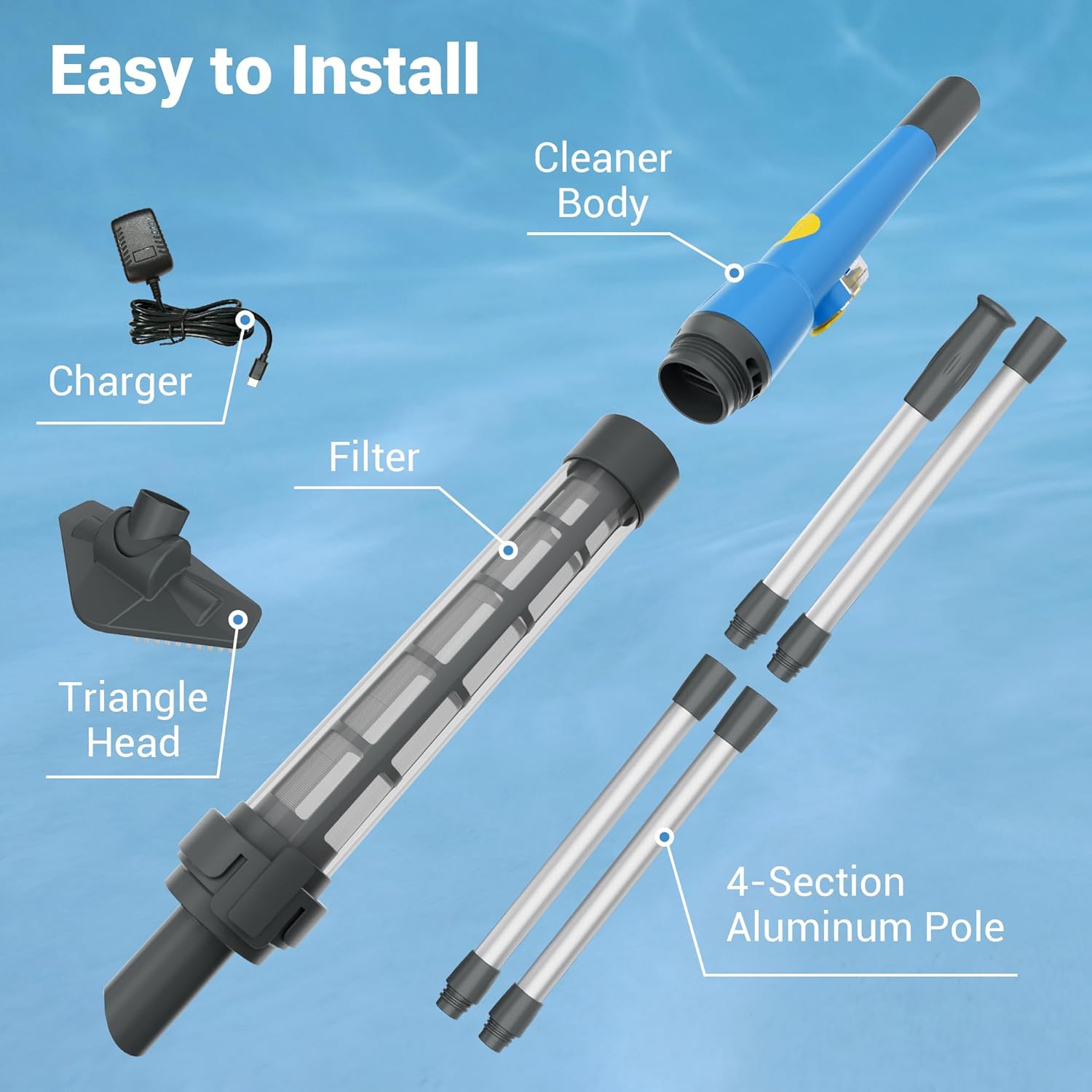 Cordless Spa Hot Tub Vacuum - Handheld Pool Vacuum for Above Ground Pool, Lightweight Stick Pool Cleaner with 2 Brush Heads, Ideal for Cleaning Debris and Sand (Blue)
