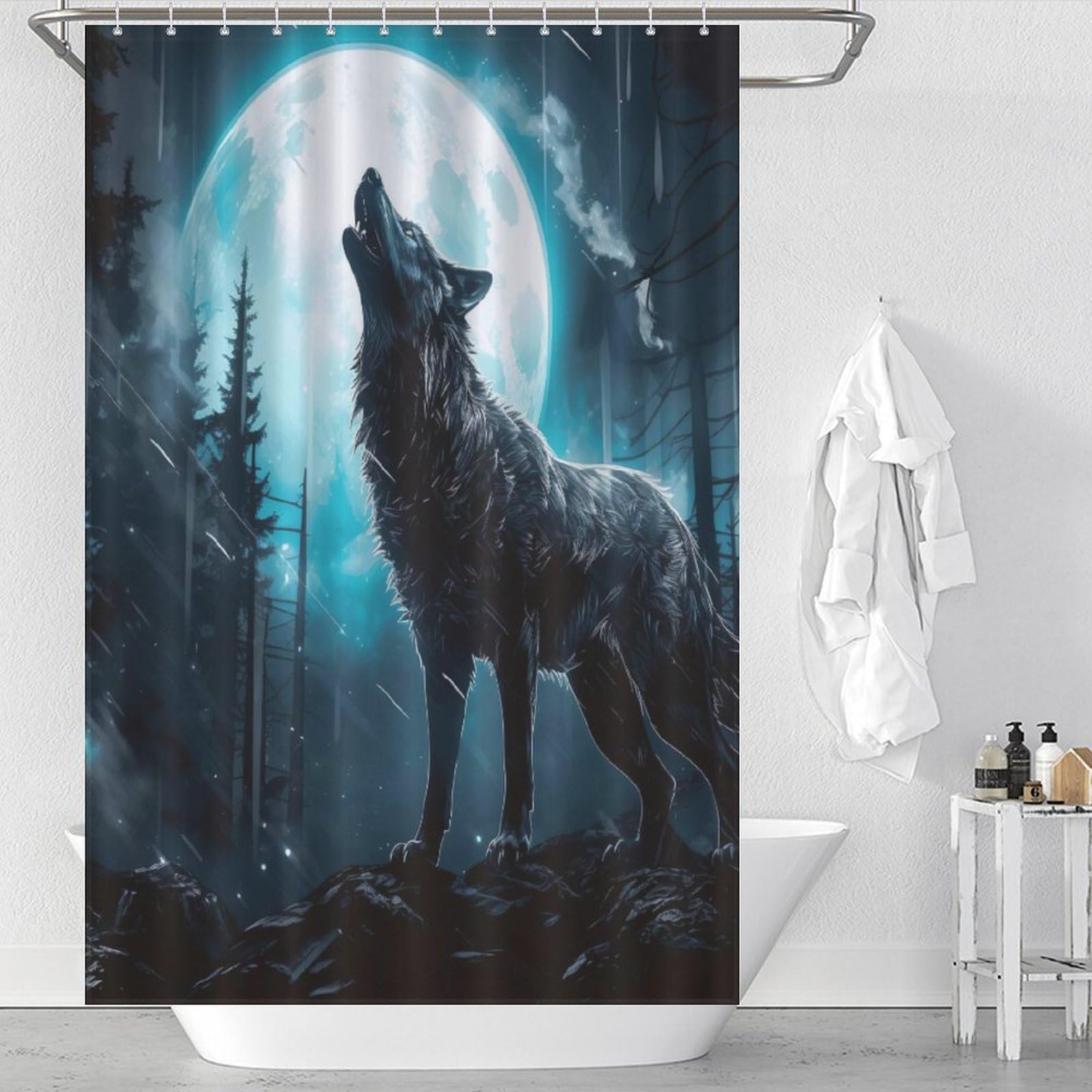 Rideau de douche loup en polyester impermeable 122x183 cm pour baignoire domestique