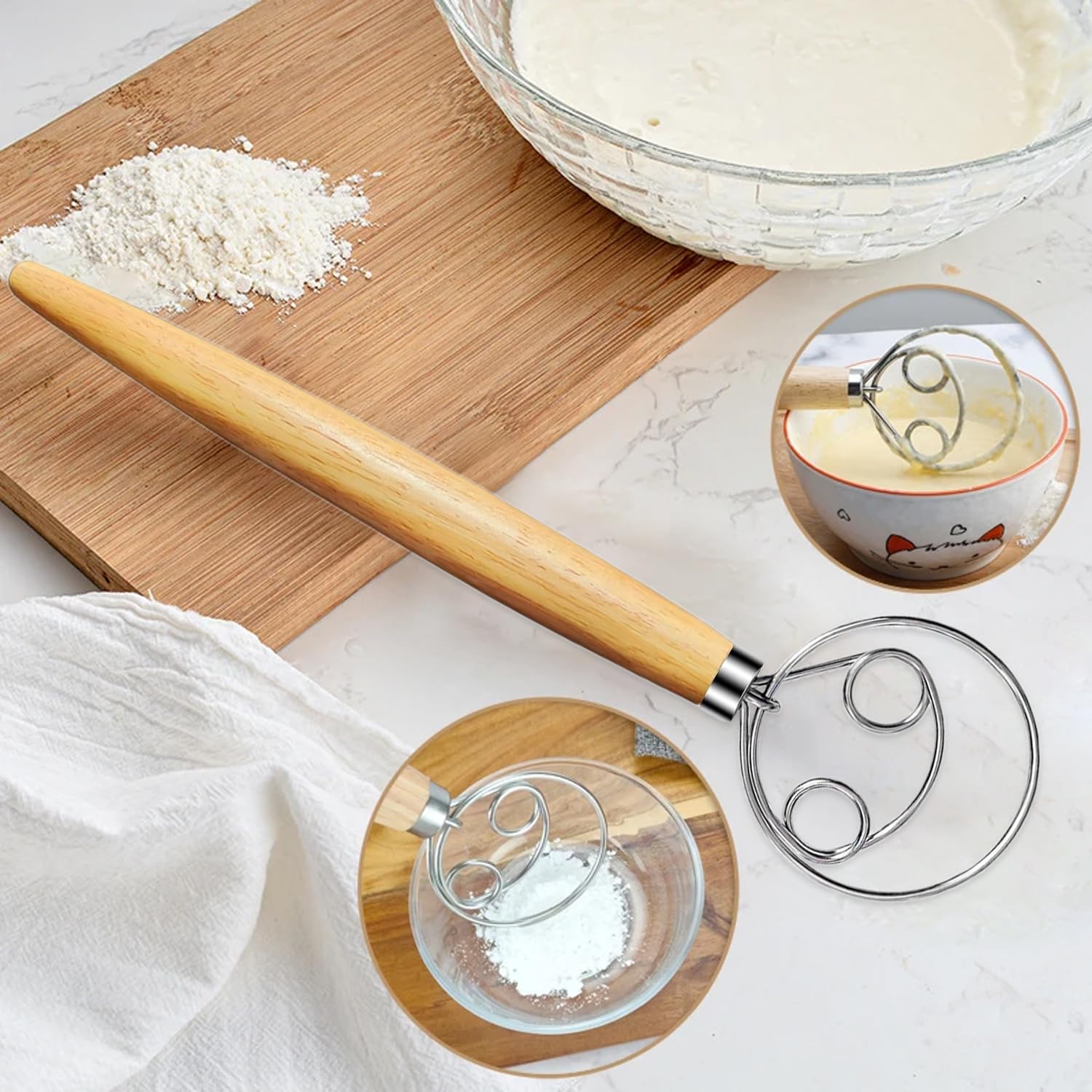 Frusta Per Impasto Danese 13 Pollici - Frusta Olandese In Acciaio Inox Con Manico In Legno Per Pane E Dolci - Foto 4