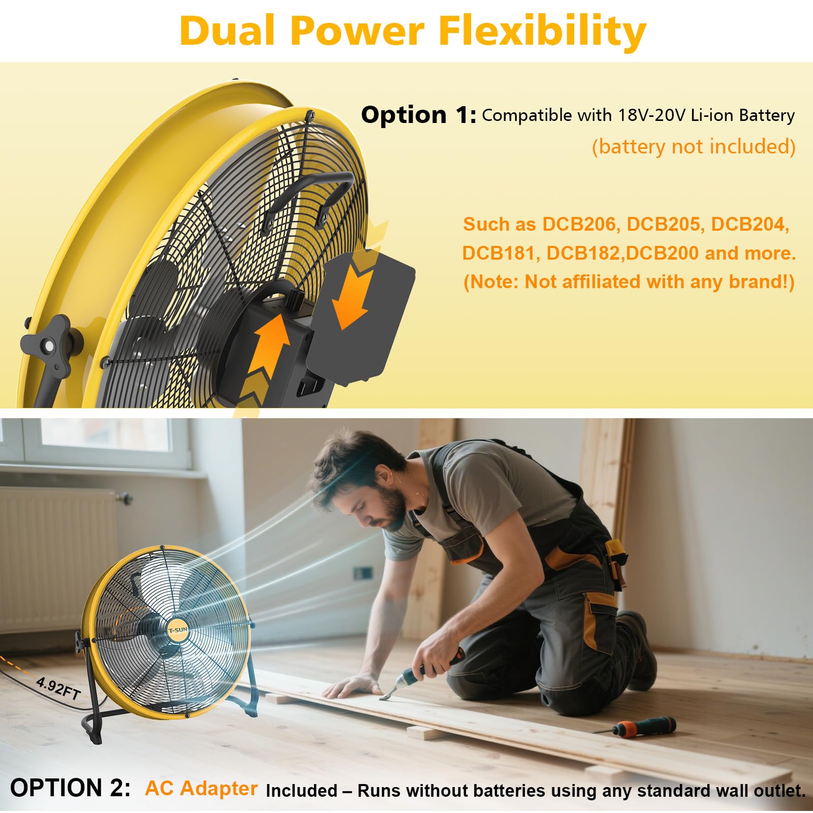 40CM Ventilatore a Piantana compatibile con De-walt Batteria/ Adattatore CA Regolazione Continua Della Velocità Inclinazione Regolabile a Silenzioso Maniglia Portatile Base Antiscivolo(Senza Batteria)