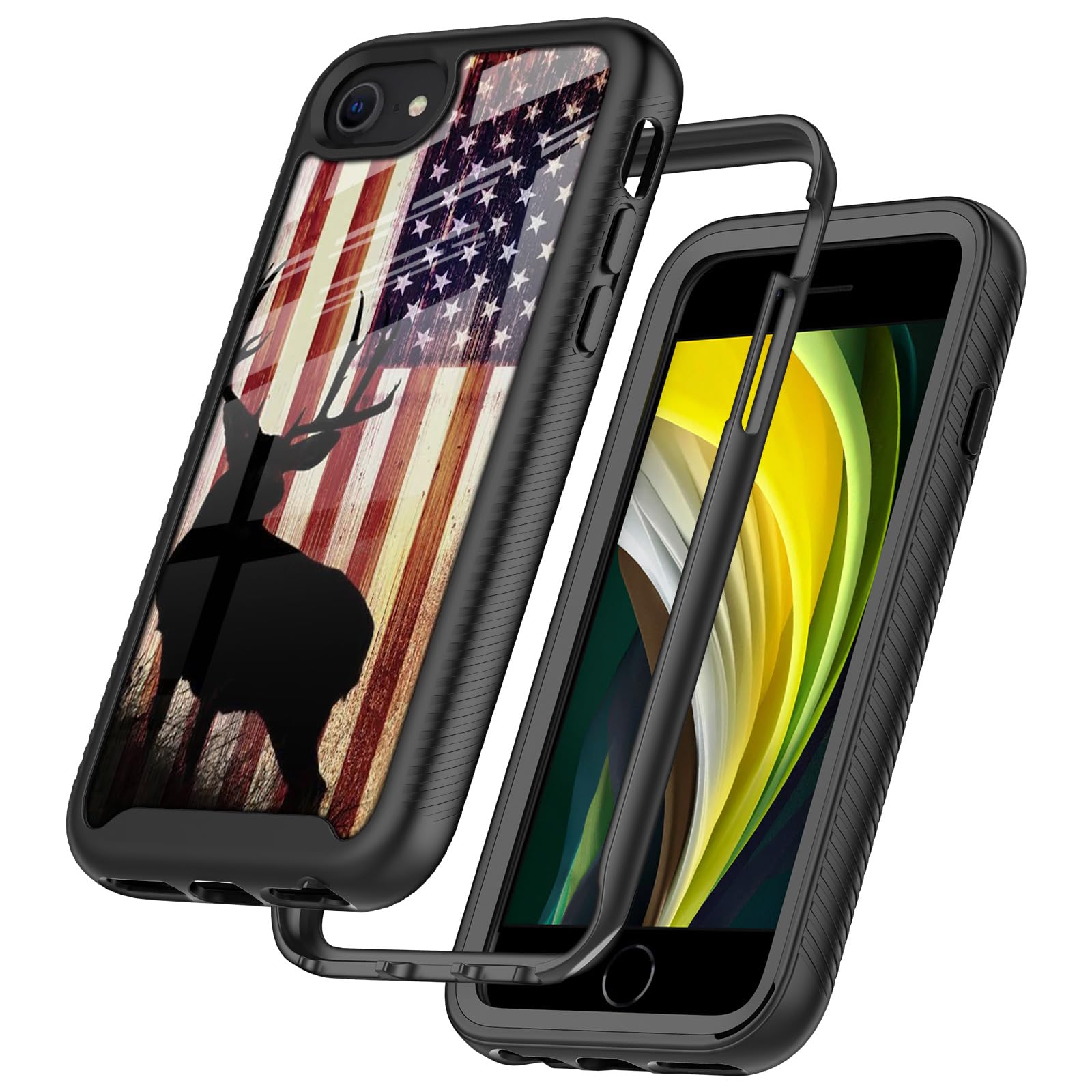 Deer Shadow American Flag Design Compatible with iPhone SE Case,iPhone 7 Case,iPhone 8 Case for Boy Man Luxury Shockproof Rugged Cover Dual Layer Soft TPU Bumper Full-Body Protective Case