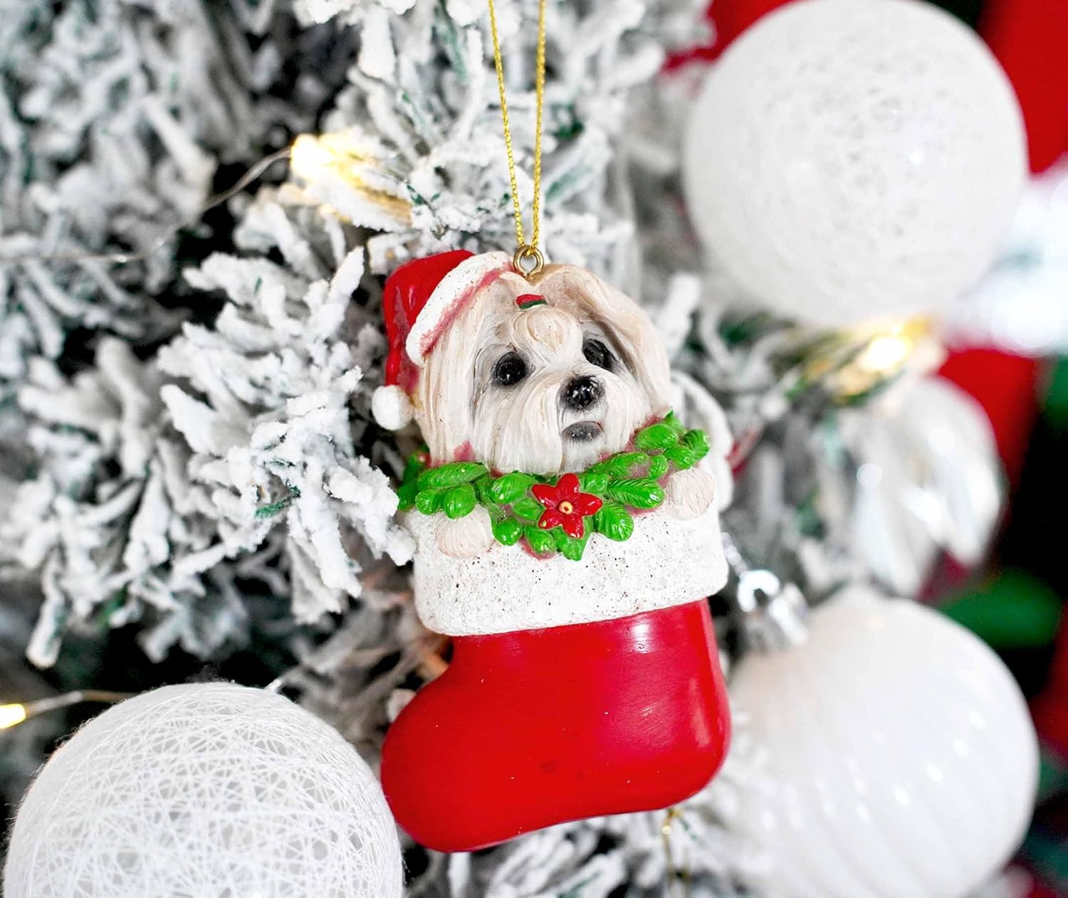 Maltese Dog Christmas Ornament – Cute White Dog in Stocking with Gold Hanging String, Resin Pet Figurine for Christmas Tree Decorations, 2025 Animal Ornaments - Image 3