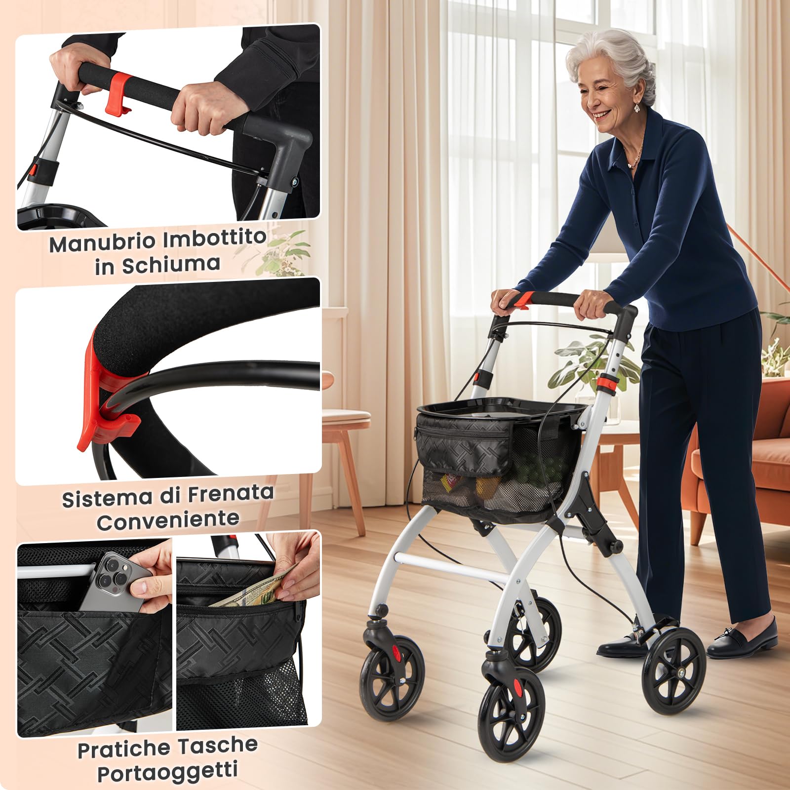 GYMAX Deambulatore Stretto per Casa, con Vassoio e Borsa, 4 Ruote, Rollatore Pieghevole Leggero in Alluminio, Girello Regolabile in Altezza per Anziani, Deambulazione, 72 × 53 × 96-103 cm