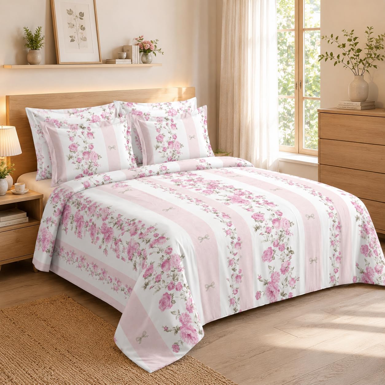 Premium Cotton Double Bedsheet with 2 Pillow Covers | 300 TC Floral Bedsheet Set | Pink Rose Printed King Size Bedsheet | Soft & Breathable Bedding | 230 x 250 cm-image-12