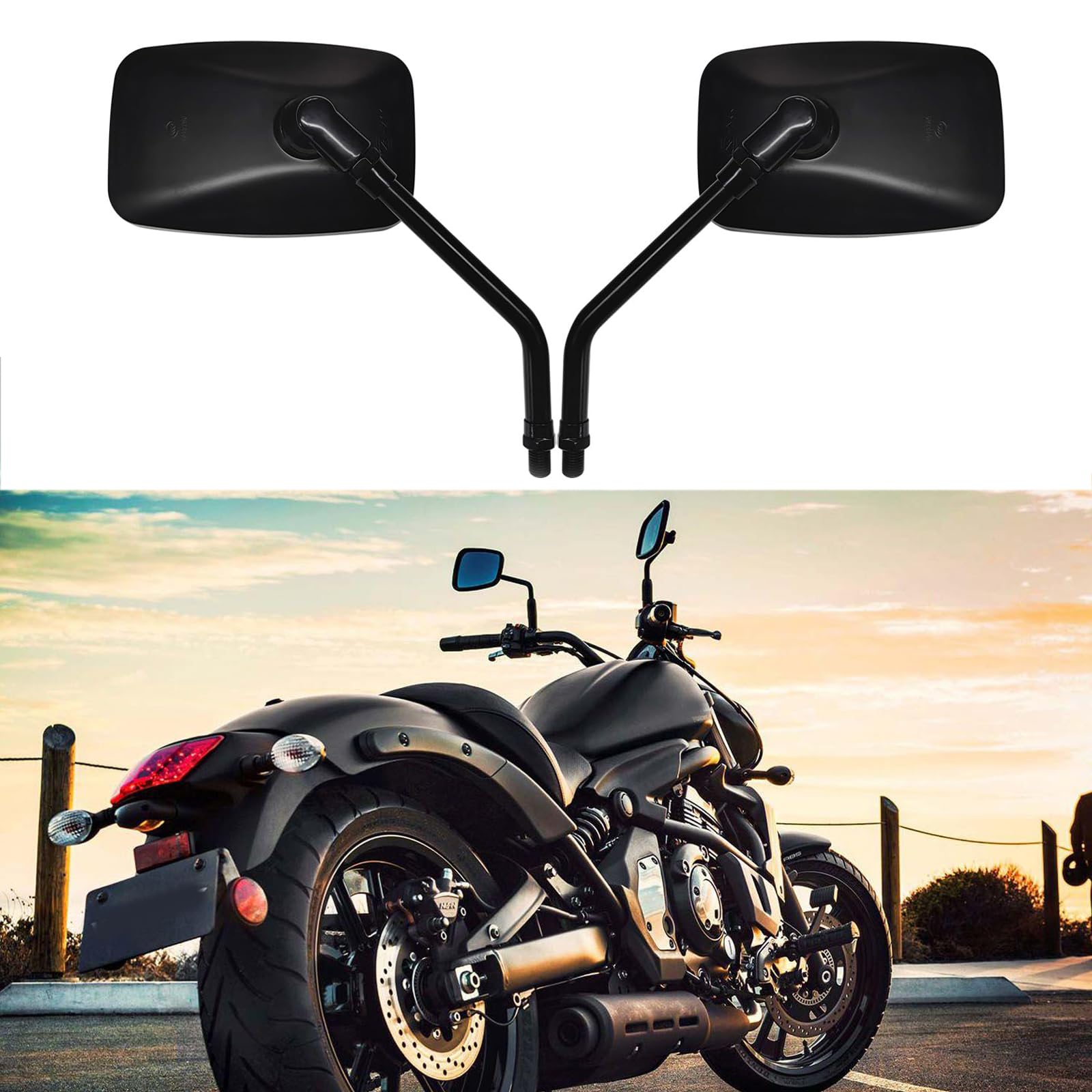 10MM black Motorcycle Rectangle Handlebar Rear View Side Mirrors Compatible with Honda Shadow Kawasaki vulcan Suzuki Cruiser Scooter Steet Bike Chooper