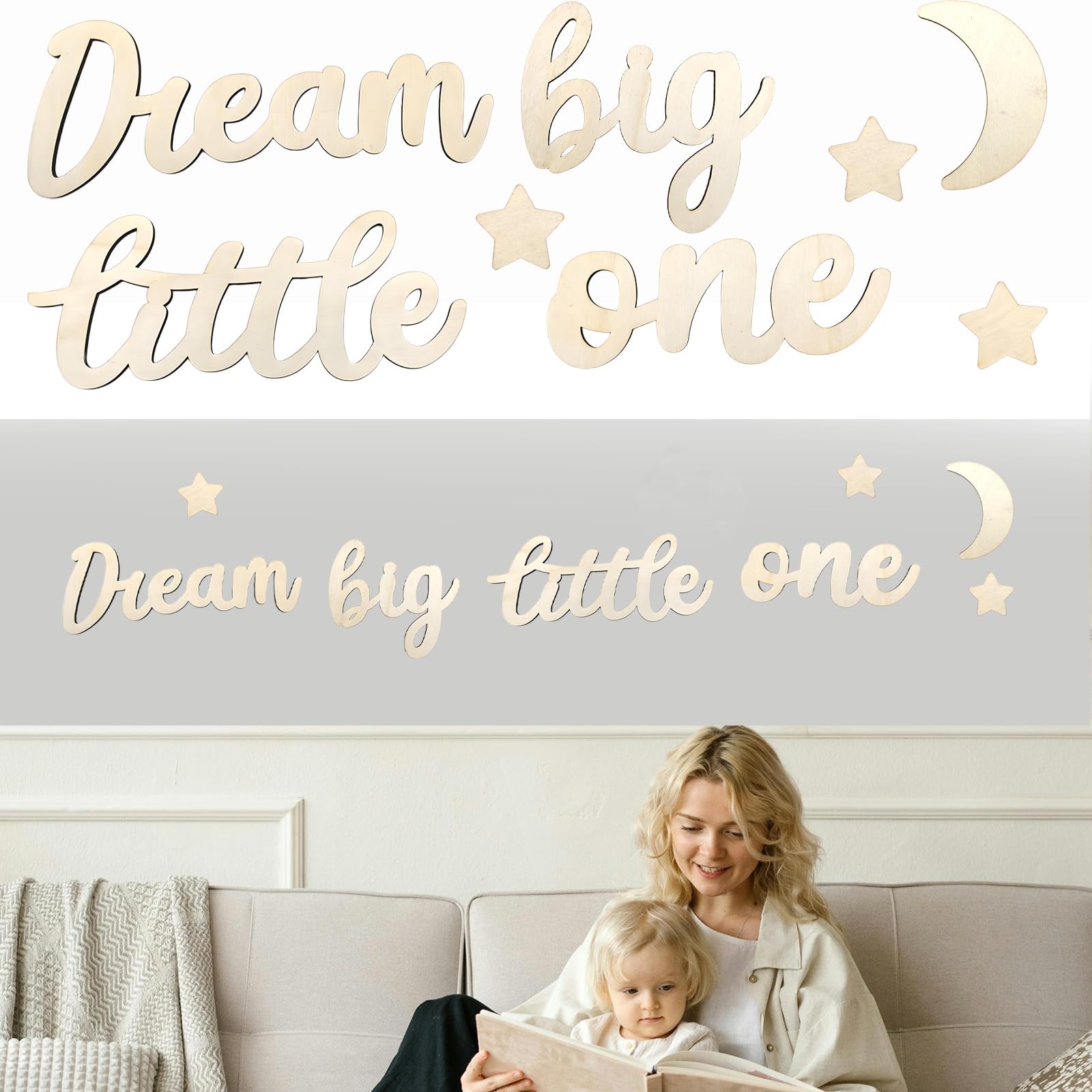 Wooden Moon and Stars Dream Big Little One Wall Art Reading Corner Sign for Nursery Home Kids Room Family Bookshelf Birthday DIY Decoration Baby Gift