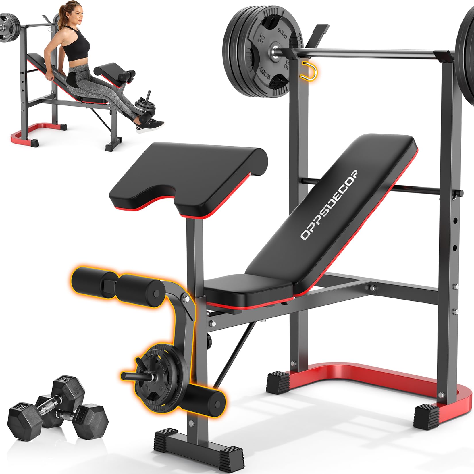 OPPSDECOR Standard Adjustable Weight Bench Set with adjustable backrest and leg developer.