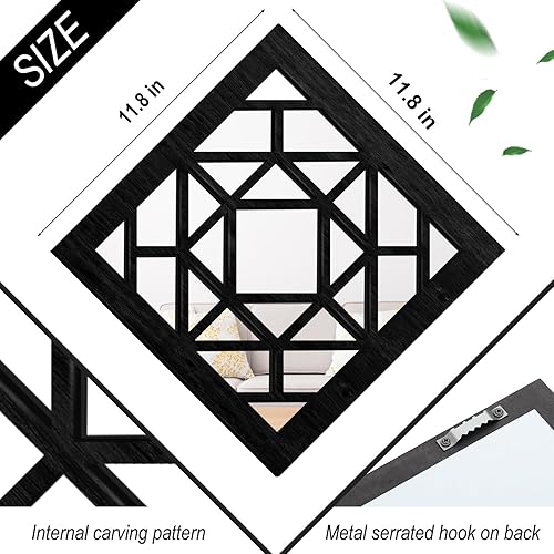 Miniatura 3 de KOYILTD 2 espejos cuadrados de pared, espejos de pared rústicos de granja, arte de espejo pequeño de 12 pulgadas (estilo 1 negro)