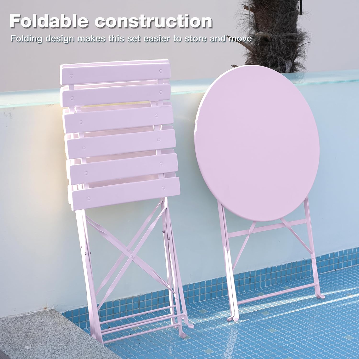 RELAX FIELD Folding Bistro Table and Chairs Set of 2, Balcony Furniture, Outdoor Garden Bistro Set for 2, Small Garden Furniture Set 3 Piece, Pink - Image 5