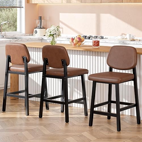 Miniatura 10 de Juego de 2 taburetes de bar de altura de mostrador, taburetes de bar tapizados de 26 pulgadas para cocina, mostrador, sillas de bar de cuero