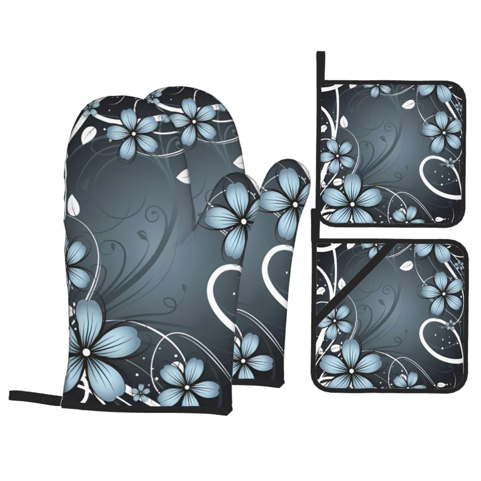WHJSSF Blue Flower Prints Kitchen Baking Set - 4-Piece Heat Protection Layers with Waterproof Potholders for Oven, Grill & Serving