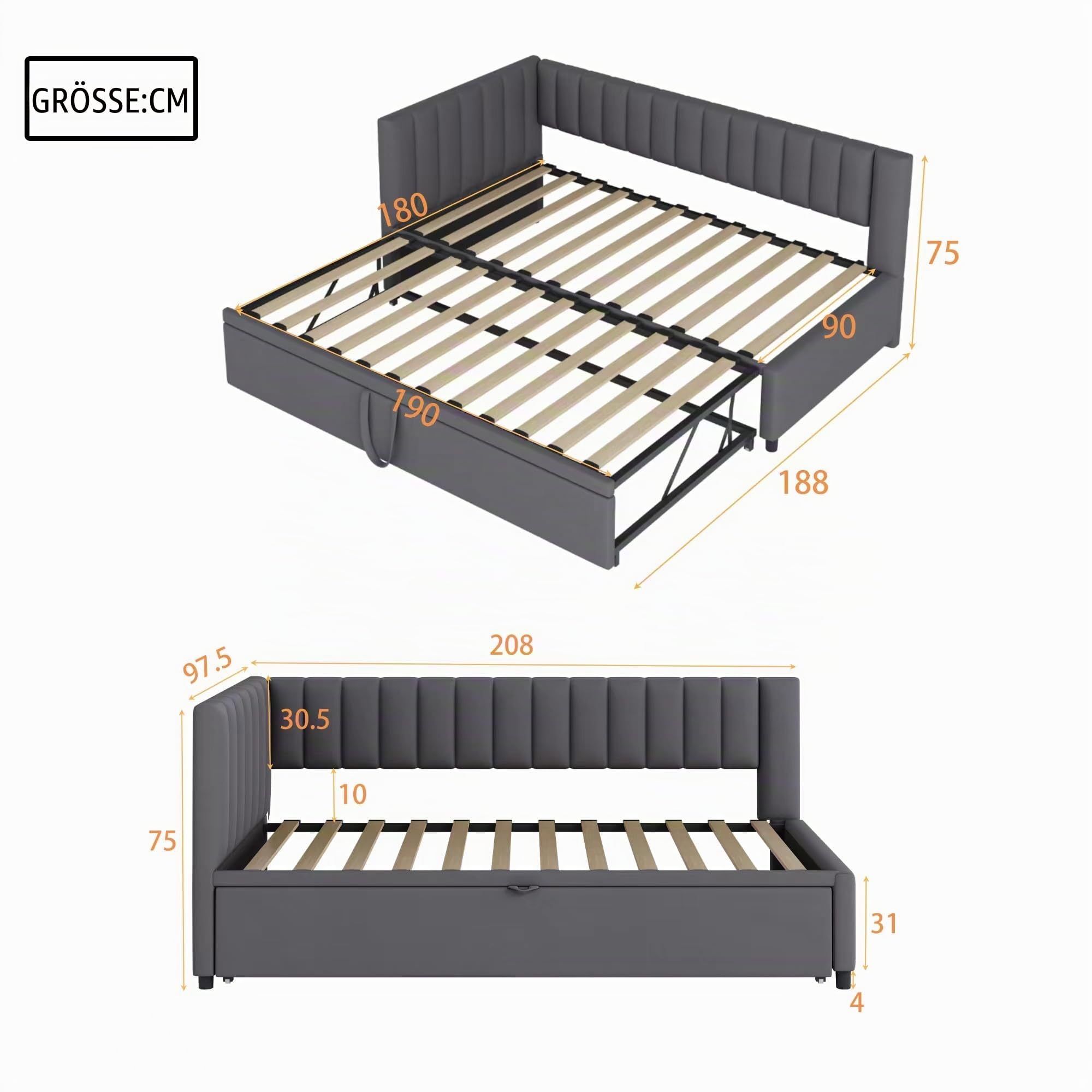 Polsterbett Ausziehbares Schlafsofa 90/180 x 200 cm mit Lattenrosten, Tagesbett Samtstoff Bett Bettgestell Bettsofa Gästebett, Einzelbett/Doppelbett Samtstoff (Dunkelgrau)