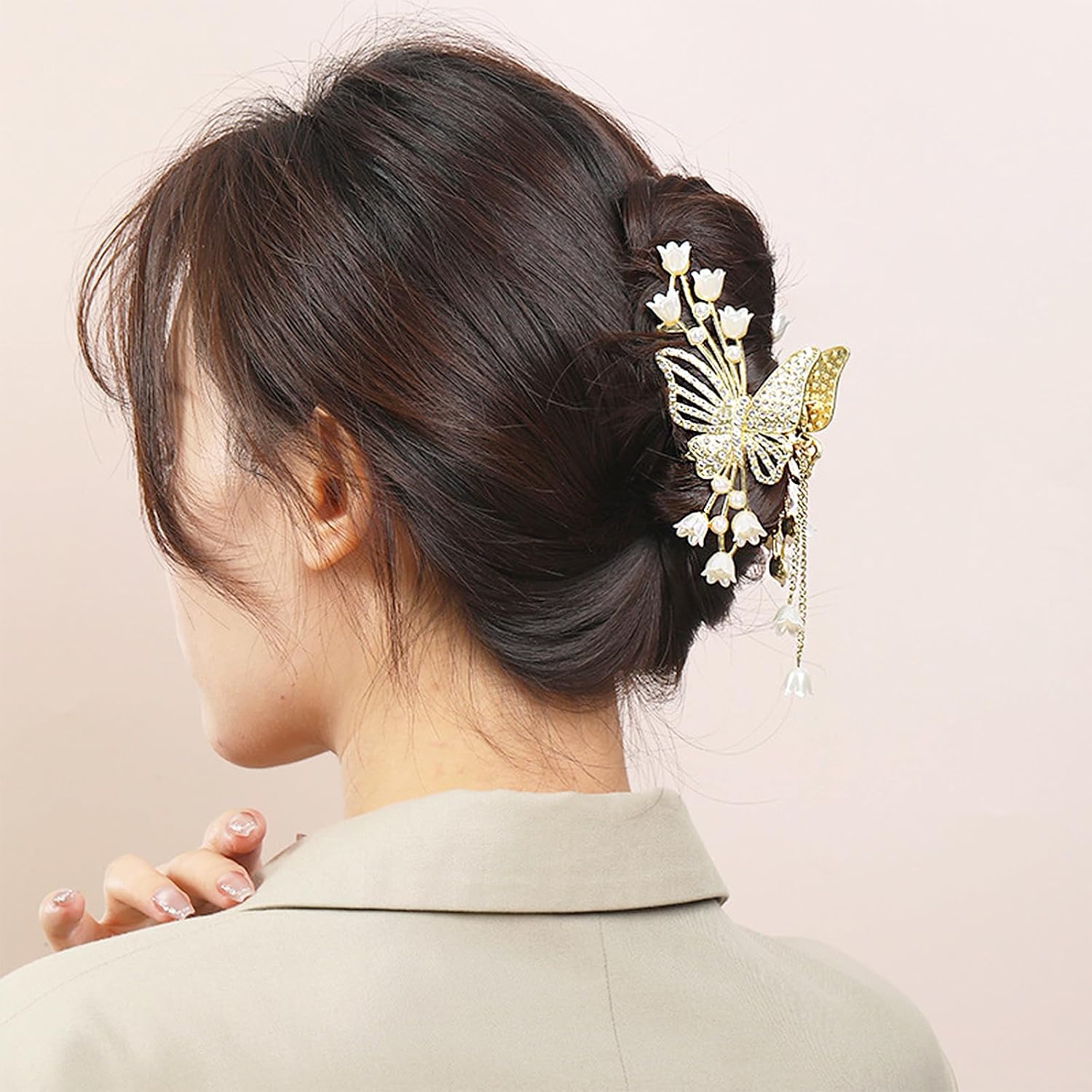 Gold Butterfly Hair Claw Clips Pearl Chain Tassel Rhinestone Butterfly Flower Hair Clips Tassel Nonslip Clamps Hair Accessories for Women (Crystal Butterfly Lily of the Valley Tassel A) image 2
