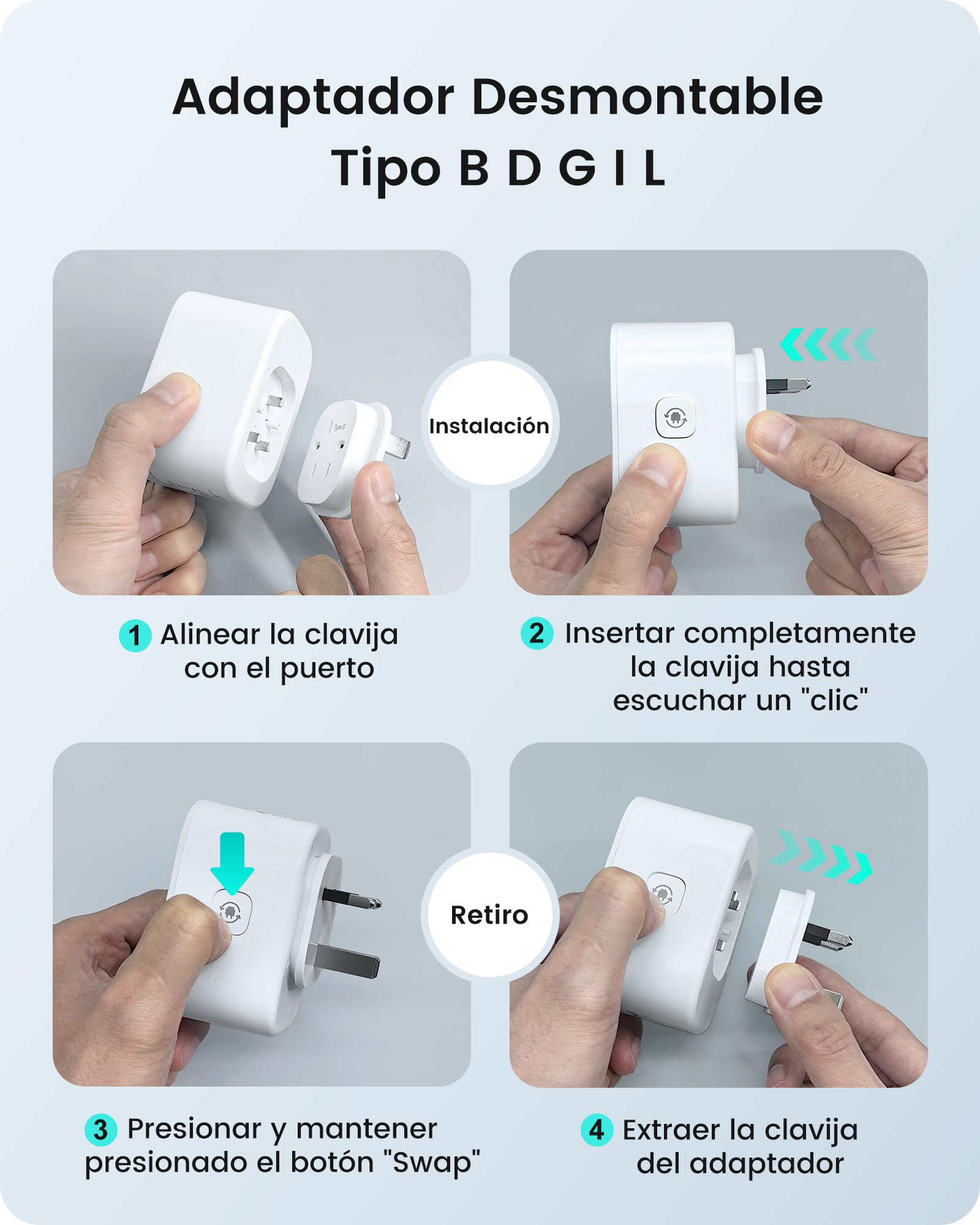 LENCENT Adaptador Enchufe Viaje Universal Tipo B, L, D, G, I,Adaptador Internacional 6 Enchufes Reemplazables para EE.UU., UK, Costa Rica, México, Tailandia, Maldivas, Sri Lanka y Australia
