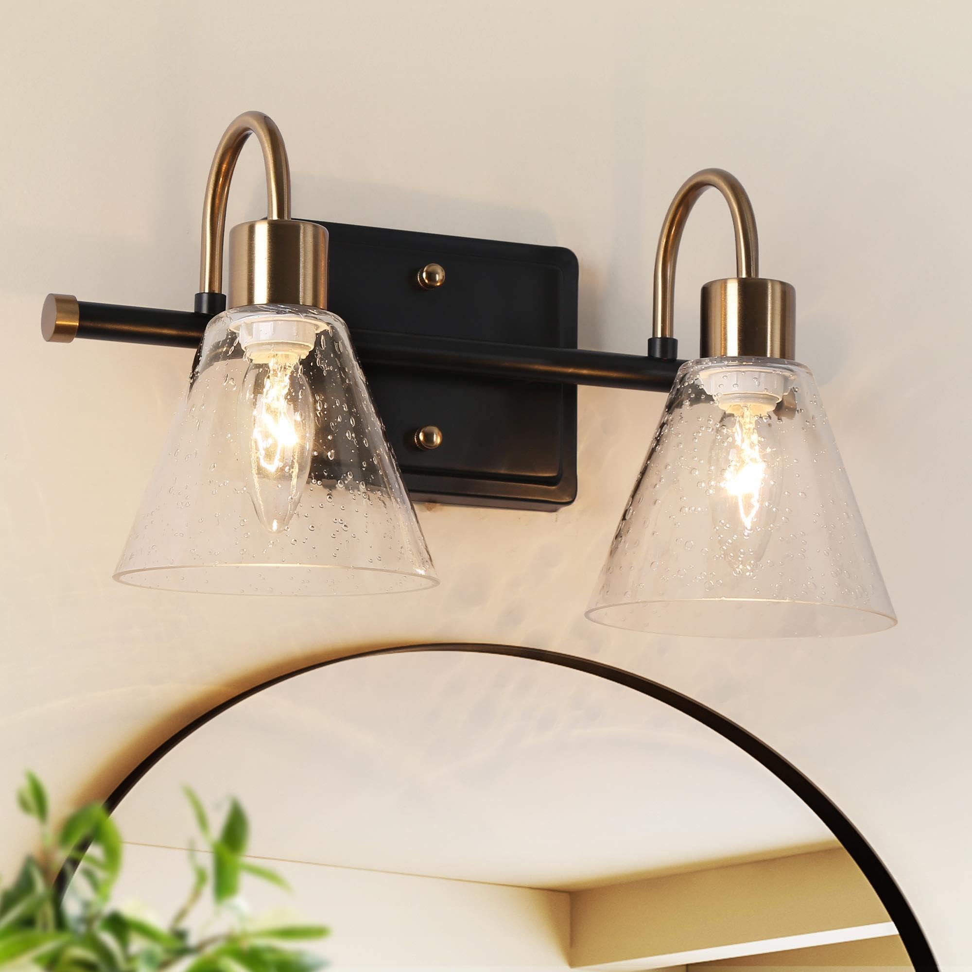 Black Gold Bathroom Lights, 2 Light Vanity Lights Over Mirror Modern Bathroom Wall Lights Seeded Glass for Powder Room, Bedroom, Matte Black and Plating Brass Finish