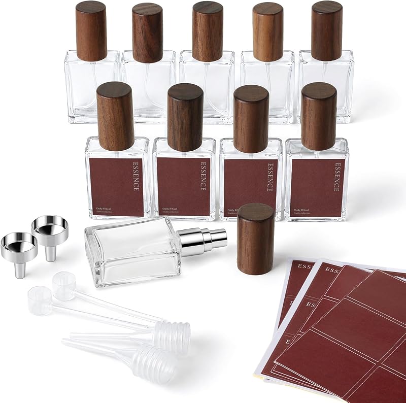 Frasco atomizador recarregável para perfume Cryslora com tampa de madeira, 15 mL, 10 unidades