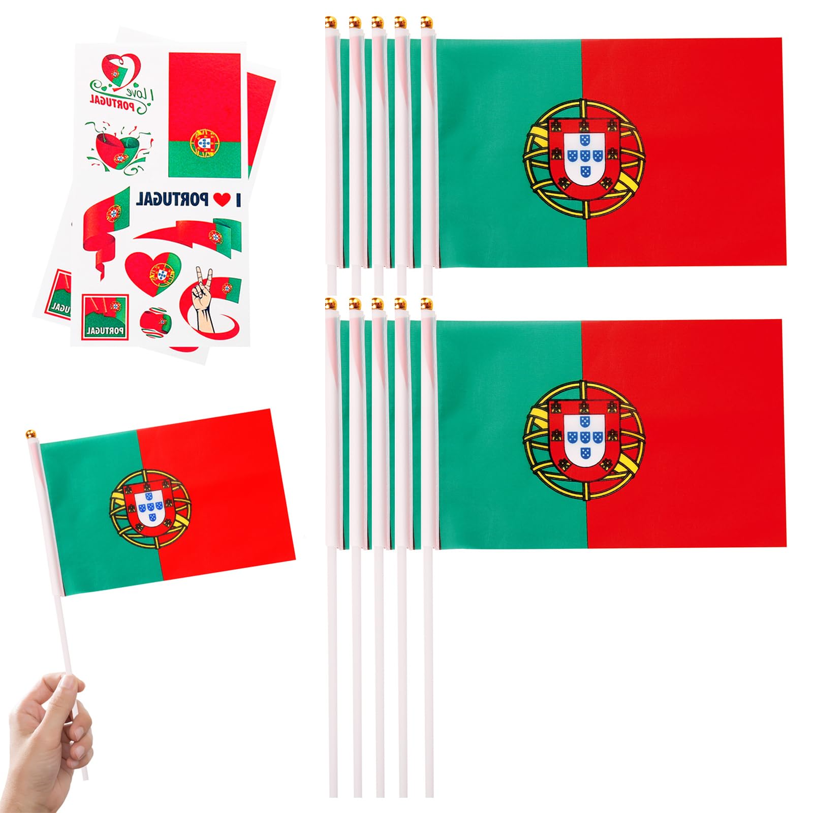 10pcs Small Portugal Flags on Sticks & 2pcs Temporary Tattoos for Football 2025 Party,Mini Portuguese Flags on Sticks Hand Held Flags for VE Day 80th Events Celebration Portugal Party Decor
