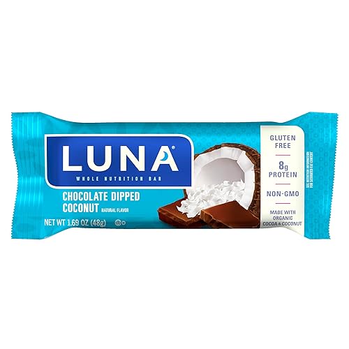 LUNA Bar - Sabor a coco bañado en chocolate, sin gluten, sin OMG, 0.25-0.32 oz de proteína, hecha con avena orgánica, bajo glucémico, barra de