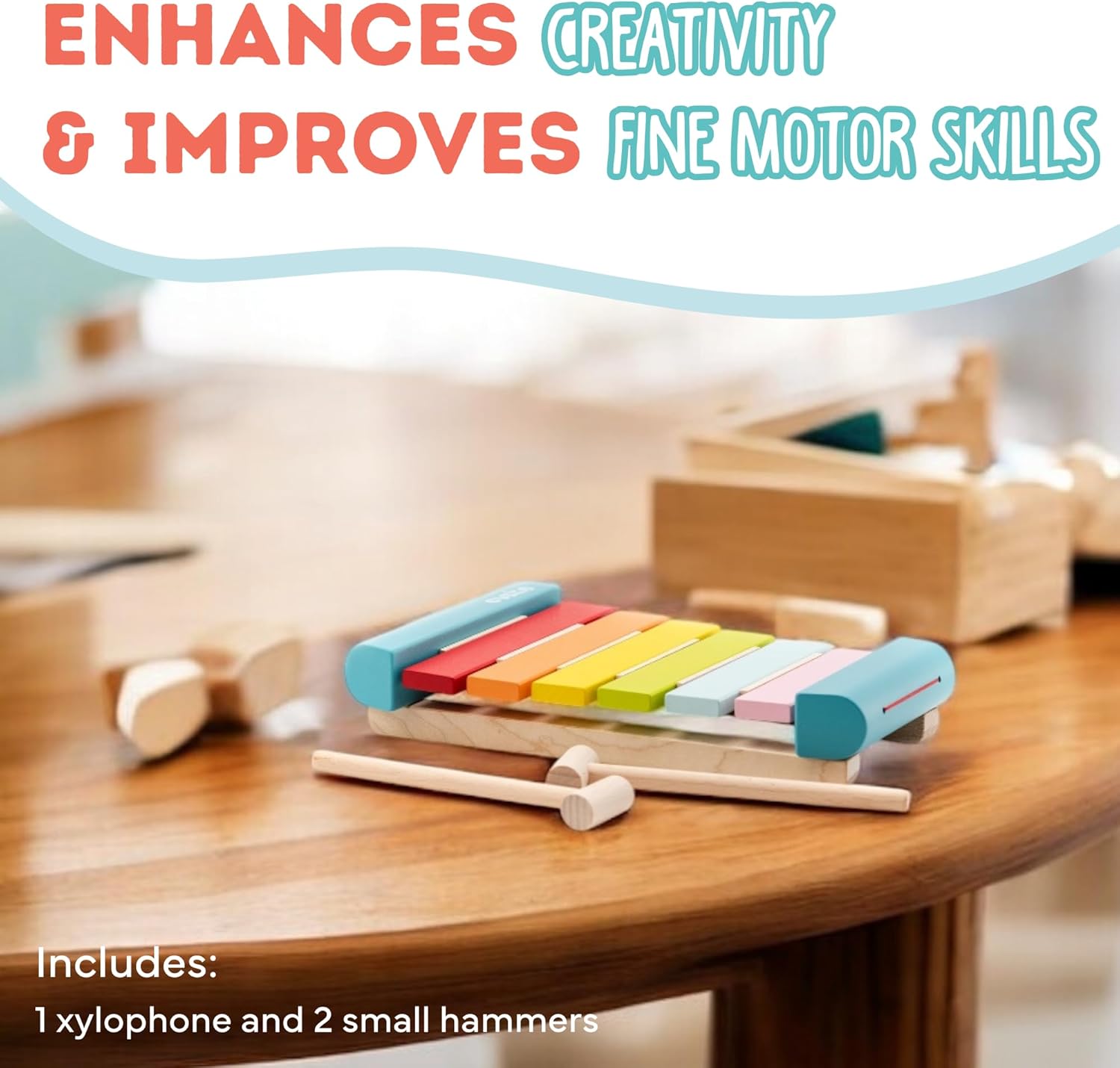 Cubika Wooden Toy Xylophone – Montessori Musical Toy for Toddlers Ages 18 Months+ – Includes 2 Wooden Mallets – FSC-Certified Wood, German Water-Based Paint – Wooden Toys for Toddlers